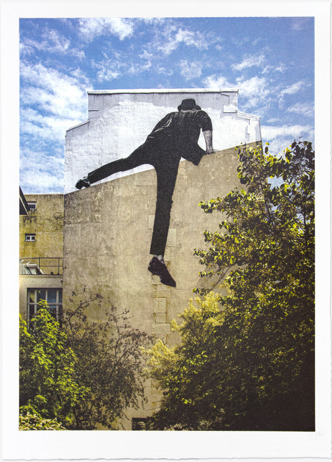 A painting of a man on the side of a building.