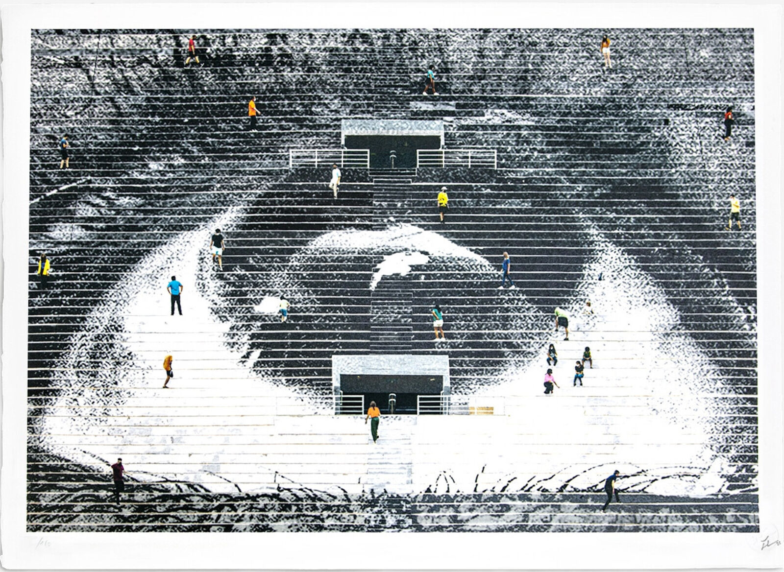 A black and white photo of people walking up some stairs.