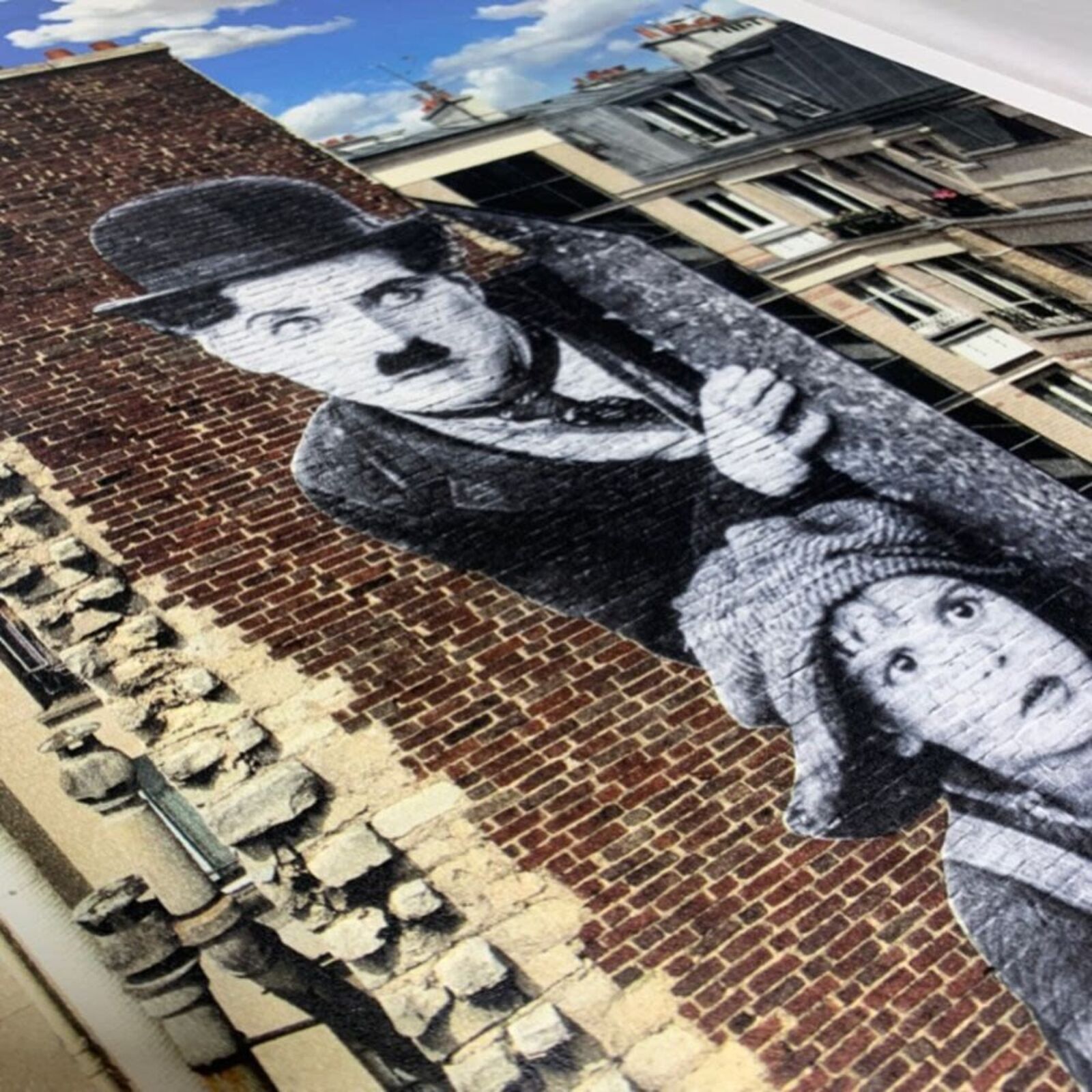 Artwork by JR, Unframed, Charlie Chaplin revu par JR, The Kid, Charlie Chaplin & Jackie Coogan, USA, 1923, de jour Paris, Made of 16 colors lithograph printed on Marinoni machine, White paper BFK Rives - 300 grammes 