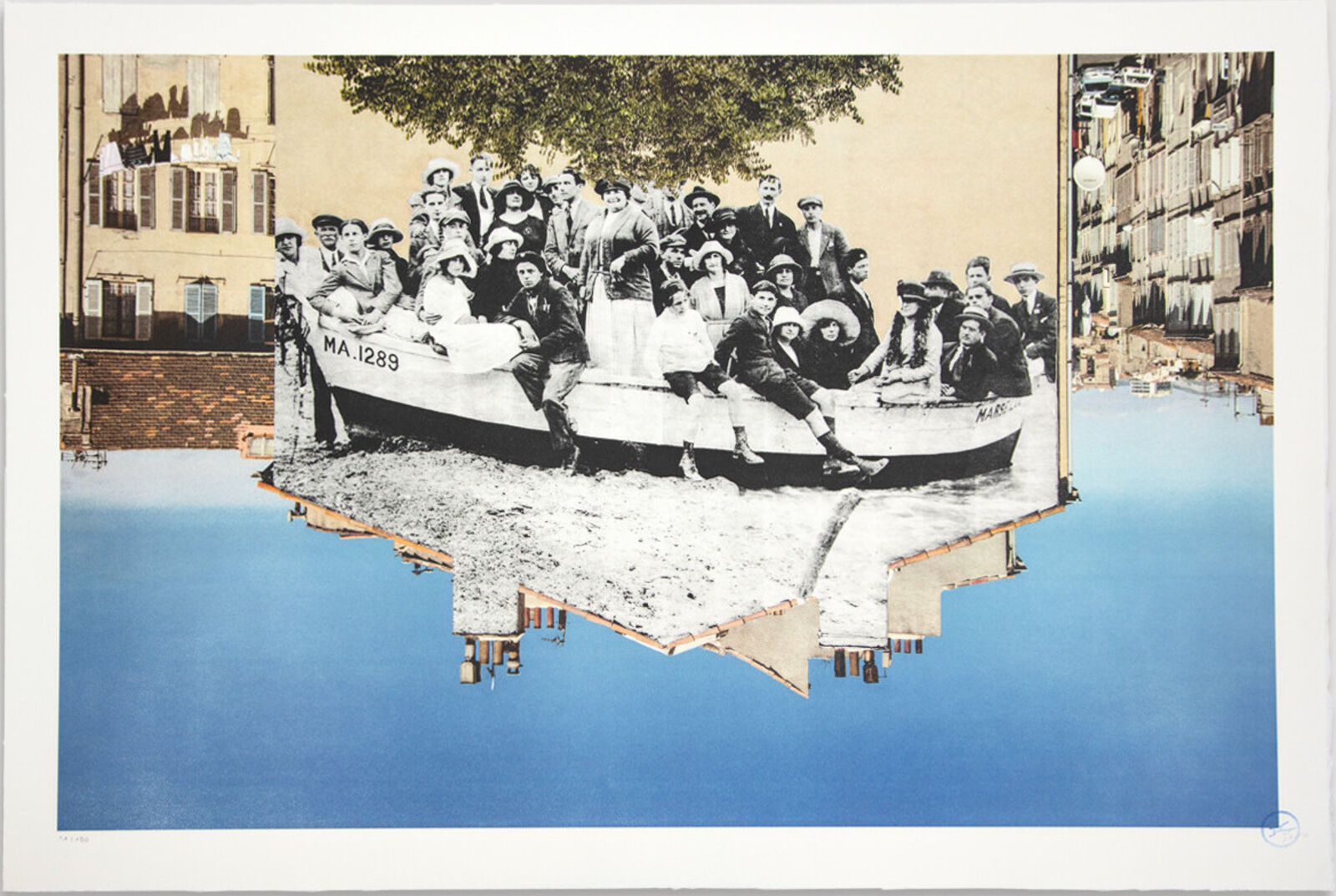 A group of people sitting on top of a boat in the water.