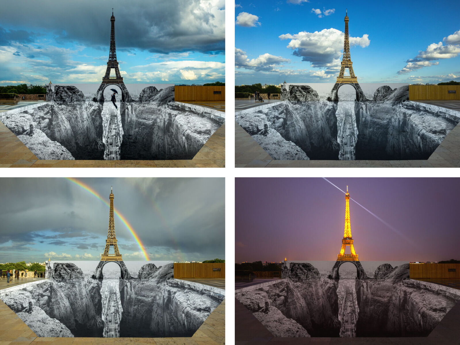 A composite of four surreal street art installations featuring a towering tower over a black-and-white chasm.