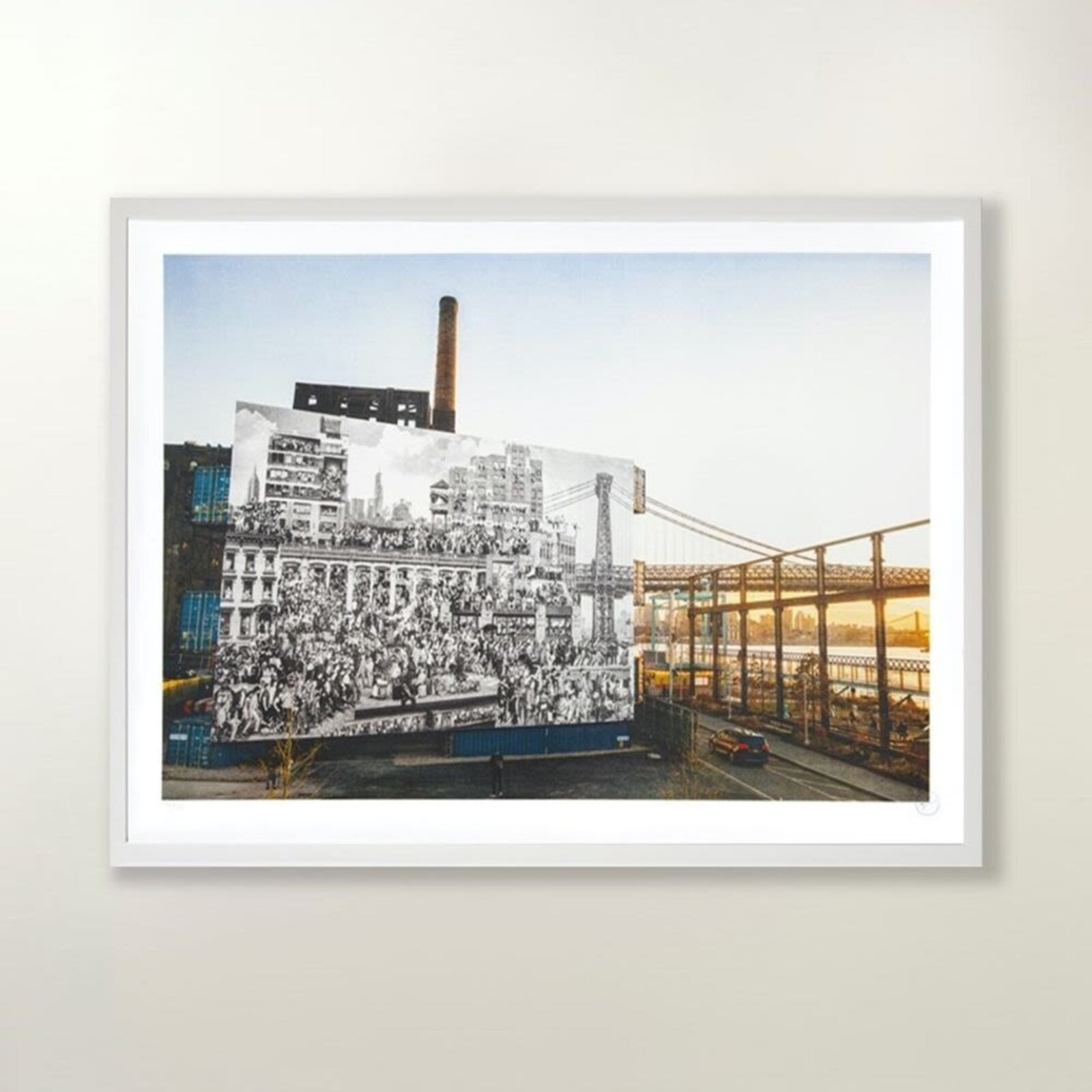 A split composition juxtaposing a dense black-and-white crowd scene with a modern industrial waterfront.