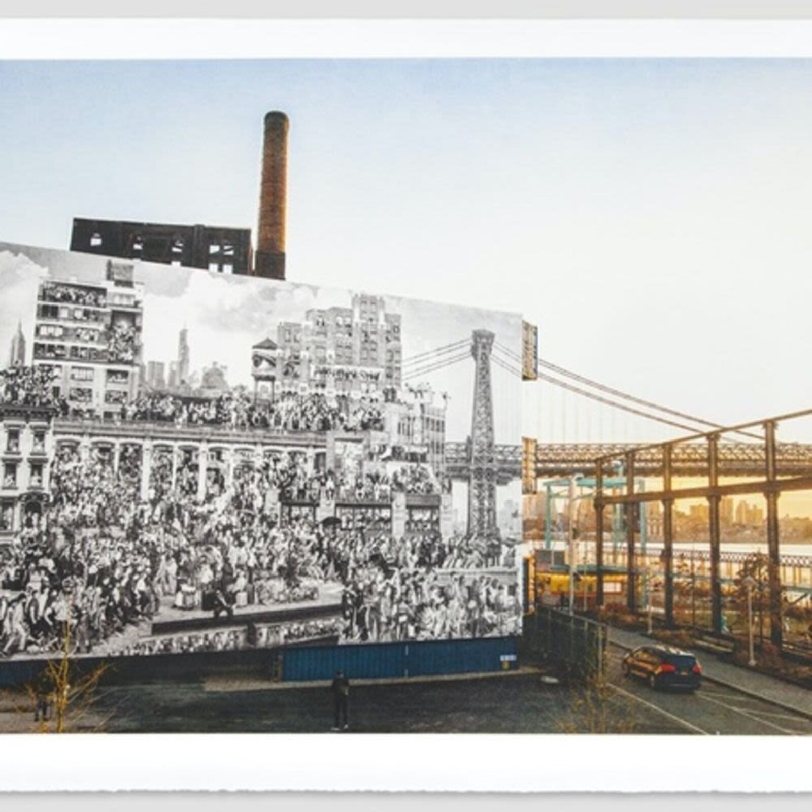 A split composition juxtaposing a dense black-and-white crowd scene with a modern industrial waterfront.