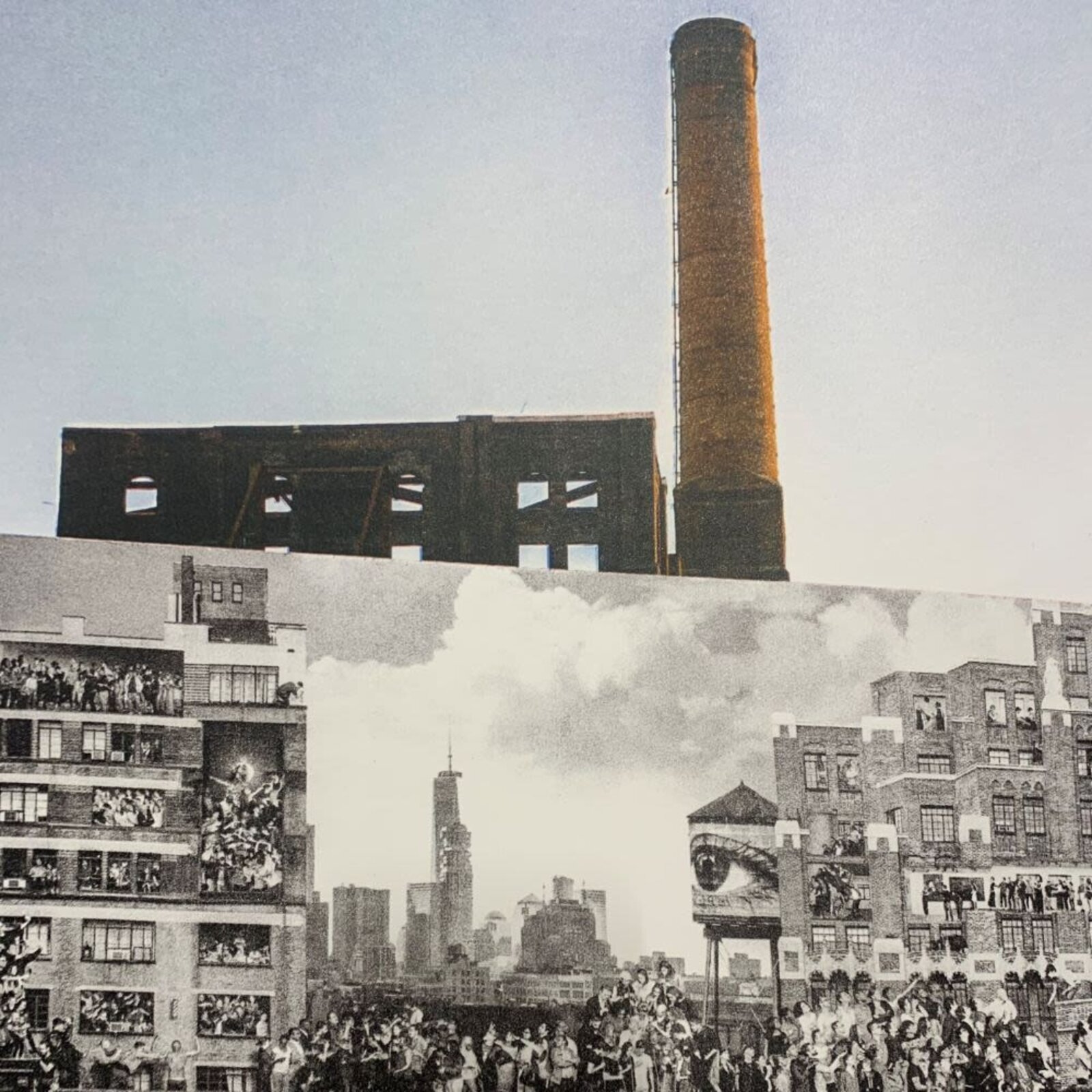 A split composition juxtaposing a dense black-and-white crowd scene with a modern industrial waterfront.