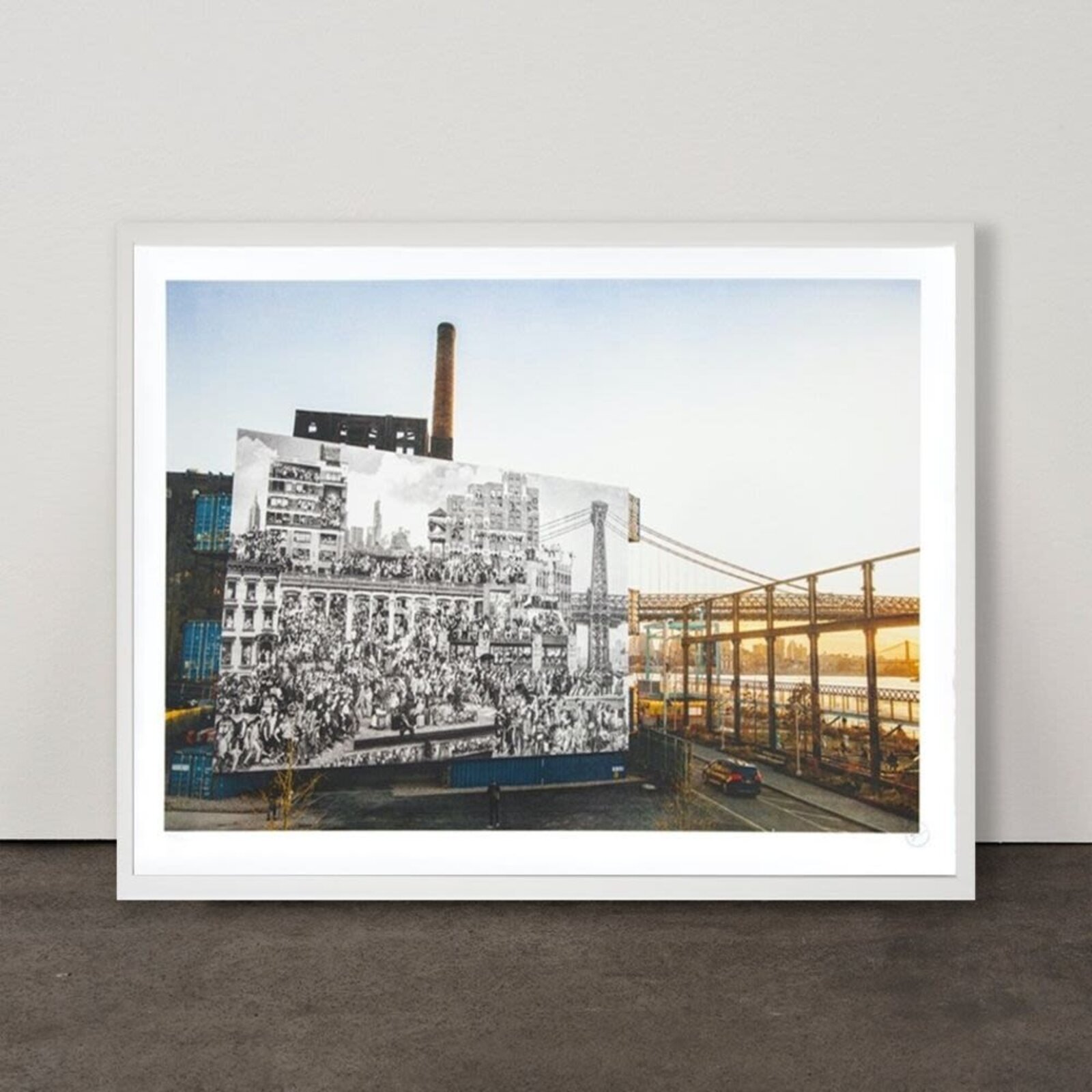 A split composition juxtaposing a dense black-and-white crowd scene with a modern industrial waterfront.