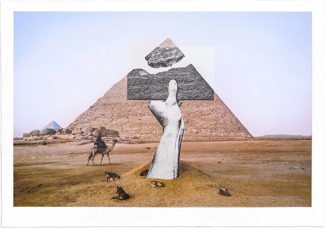 Artwork by JR, Trompe l'oeil, Greetings from Giza, 21 octobre 2021, 6h01, Giza, Egypte, 2021, Made of 16 Colors Lithograph printed with marinoni machine on 300 grams BFK Rives blanc paper 