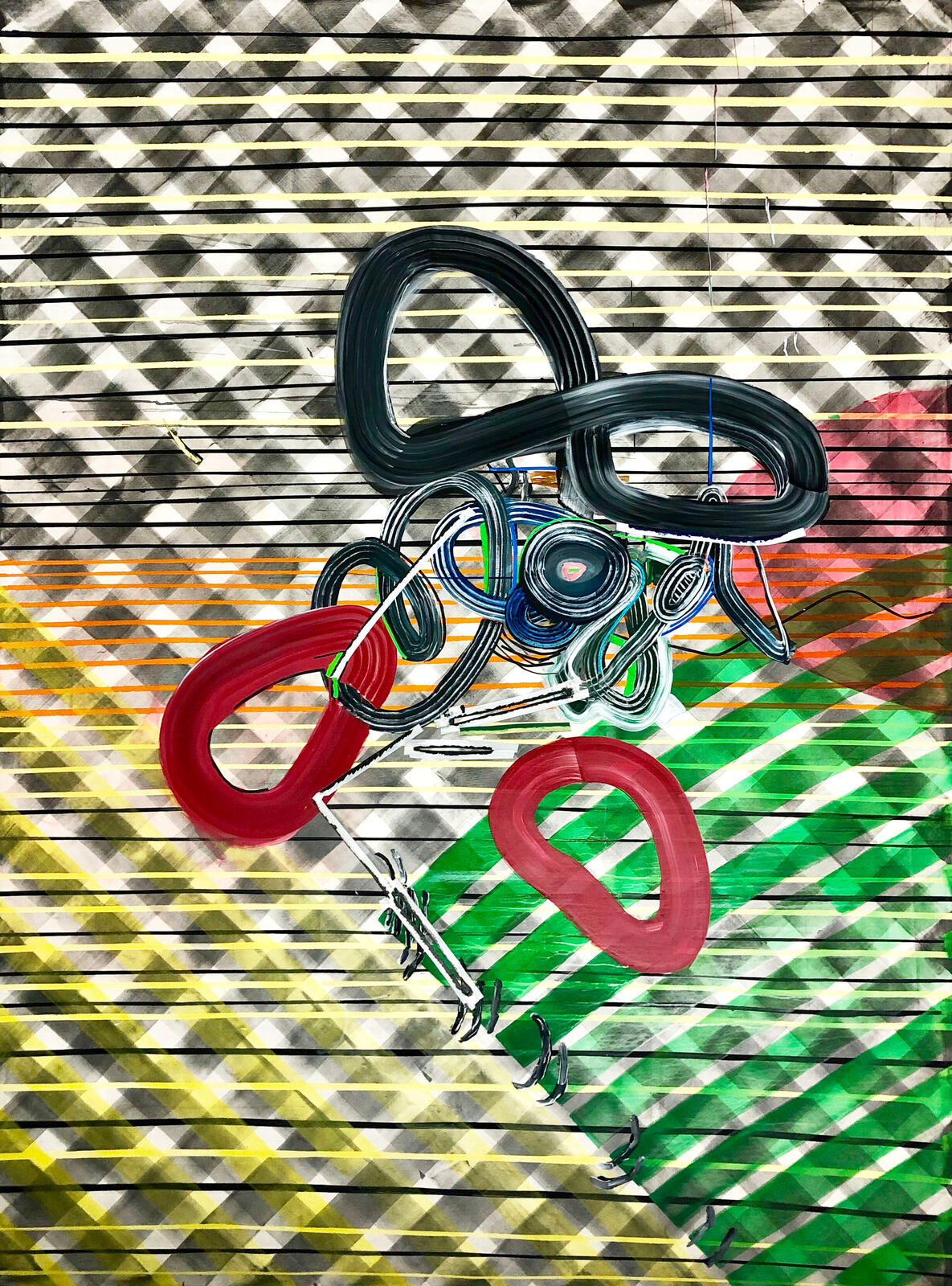 A painting of a bicycle on a striped background.