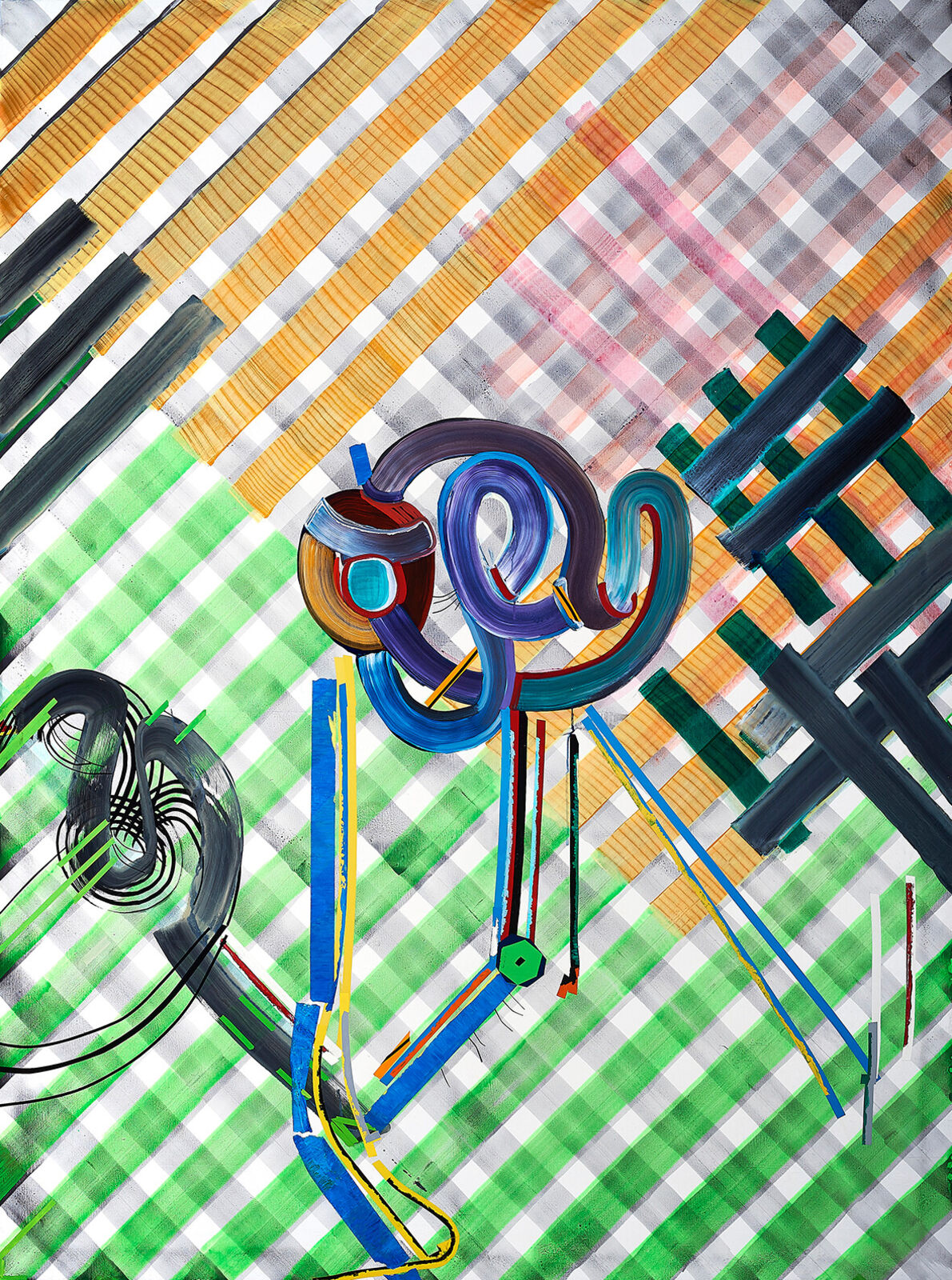 A painting of a colorful abstract design on a checkered background.