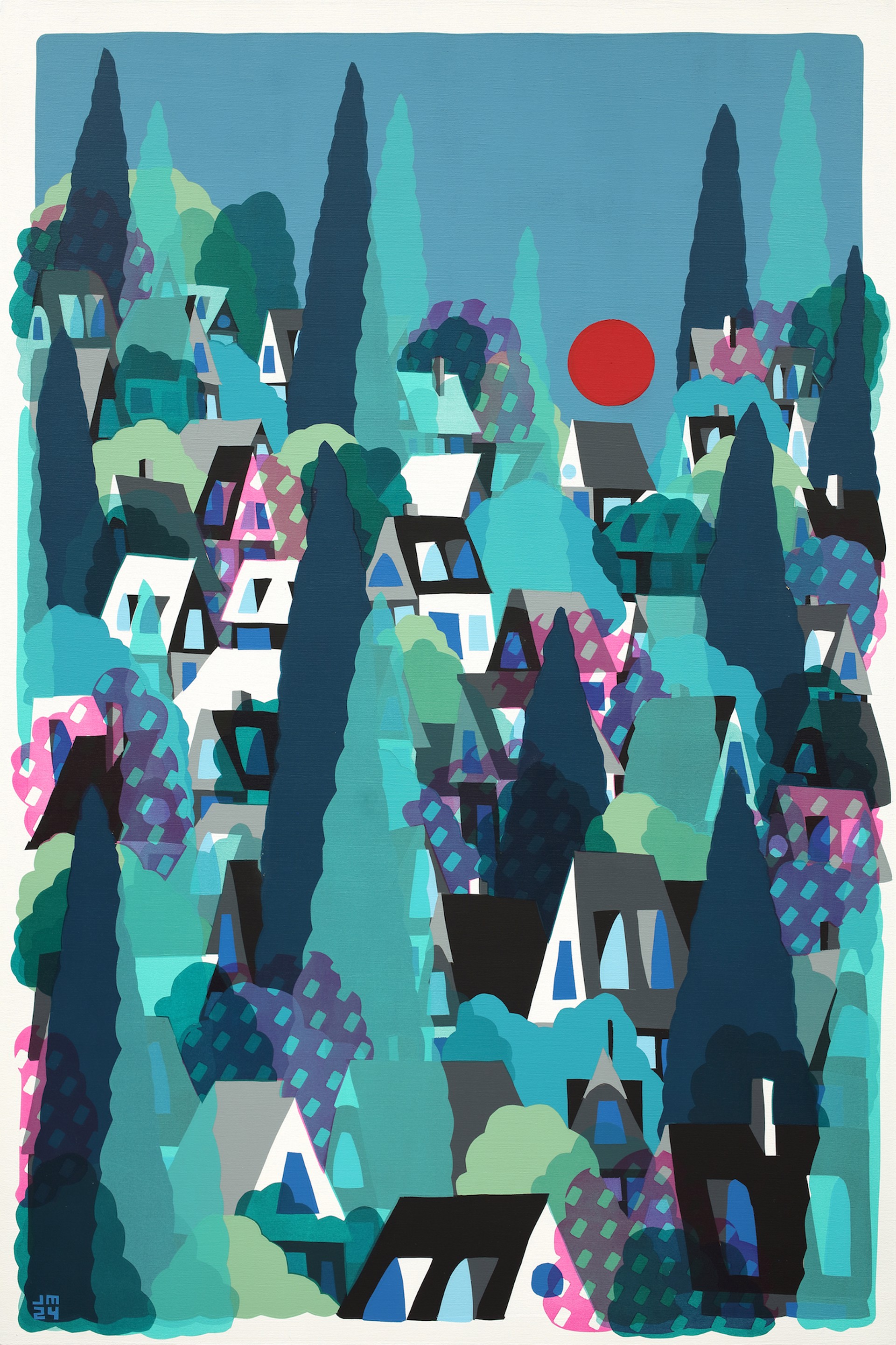 A painting of a city with trees and houses.