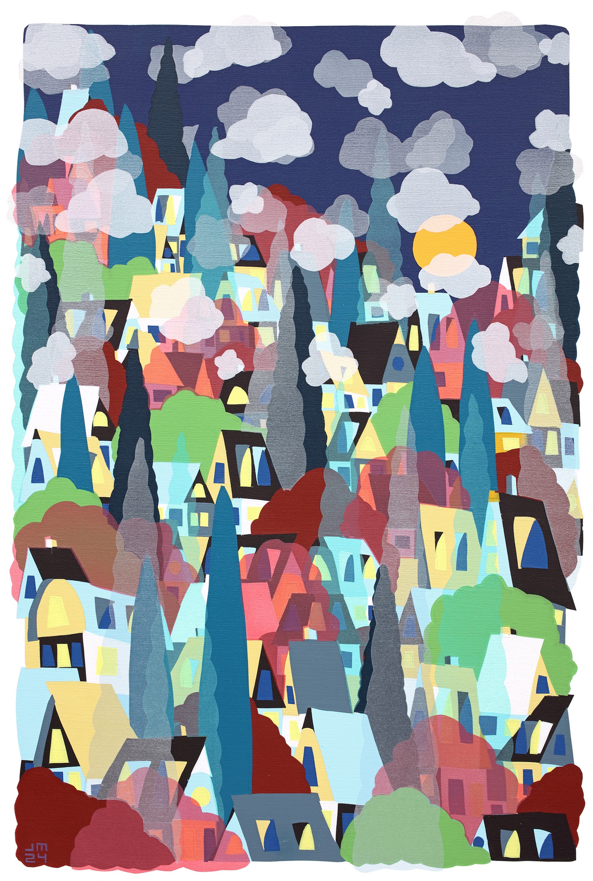 A painting of a city with lots of houses and trees.