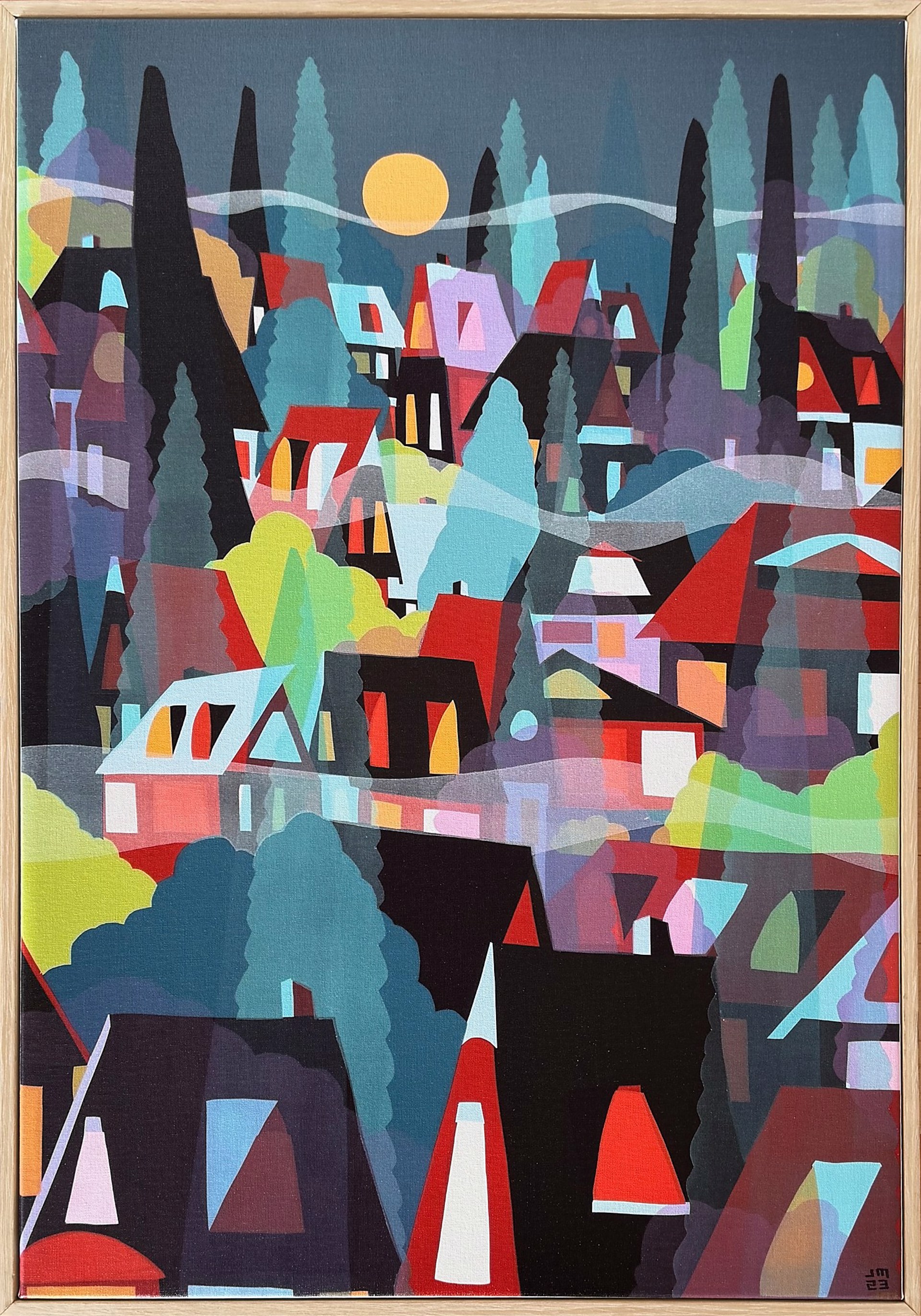 A painting of a city with houses and trees.