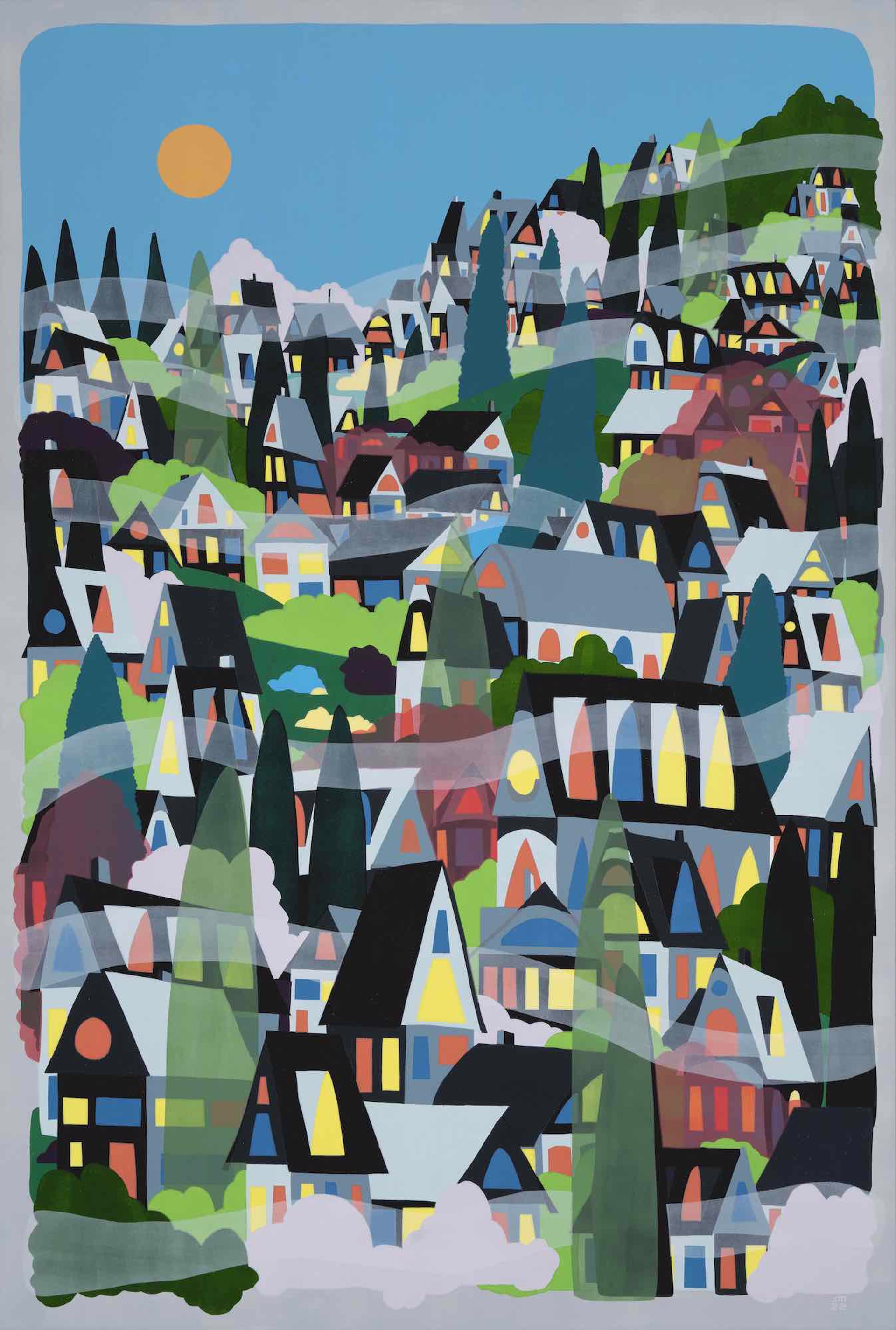A painting of a city with houses and trees.