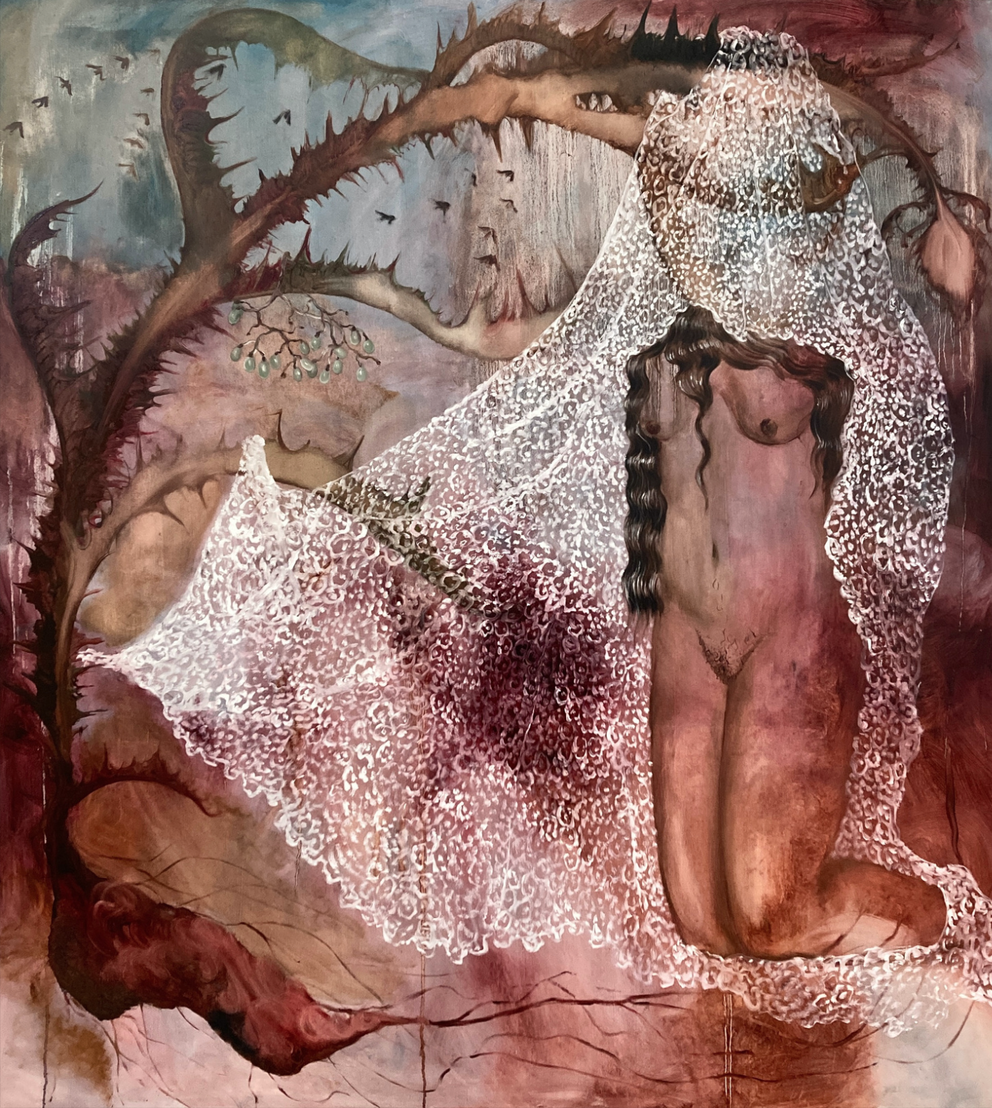 A painting of a naked woman with a veil over her head.