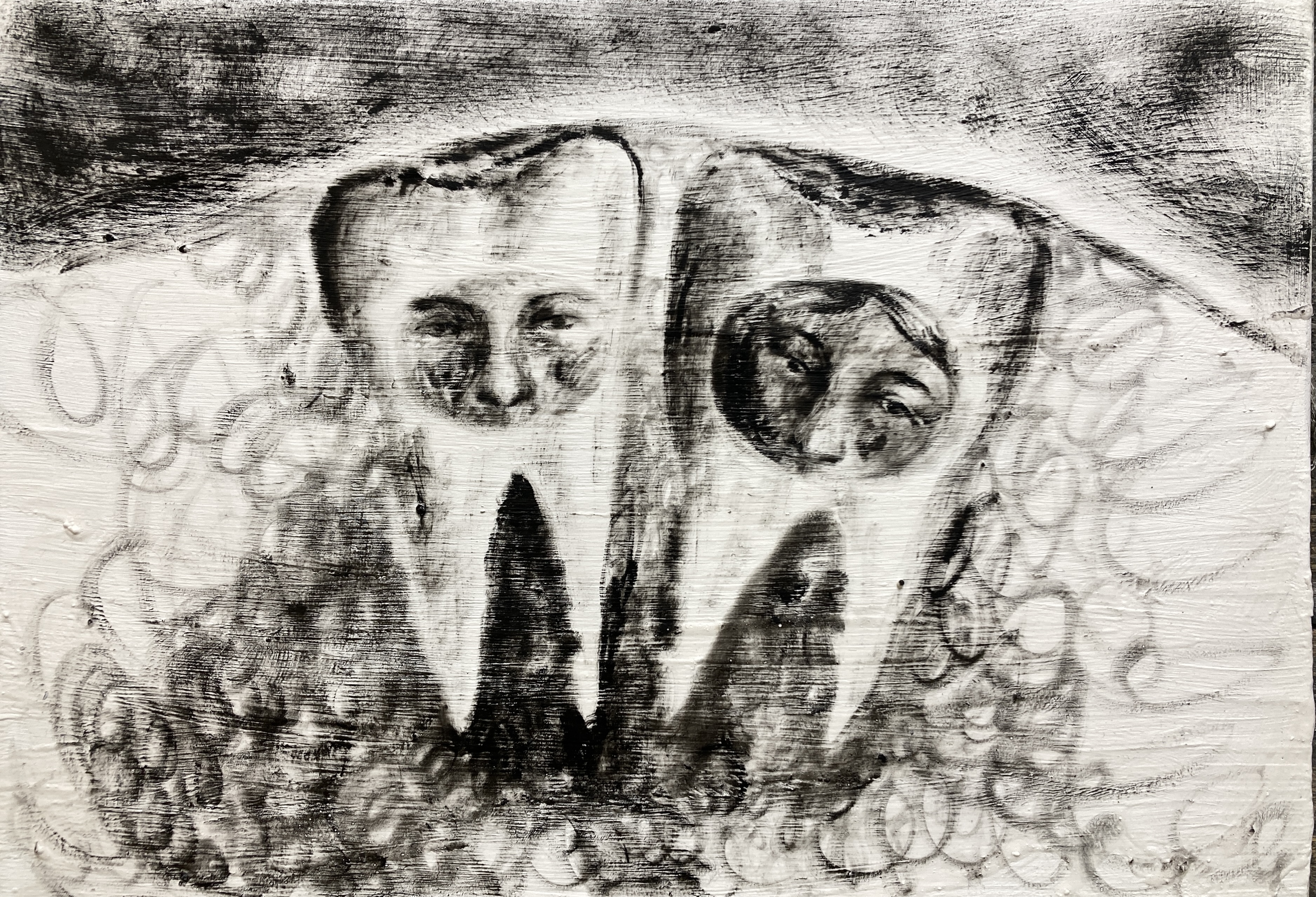 A black and white drawing of a man and a woman.