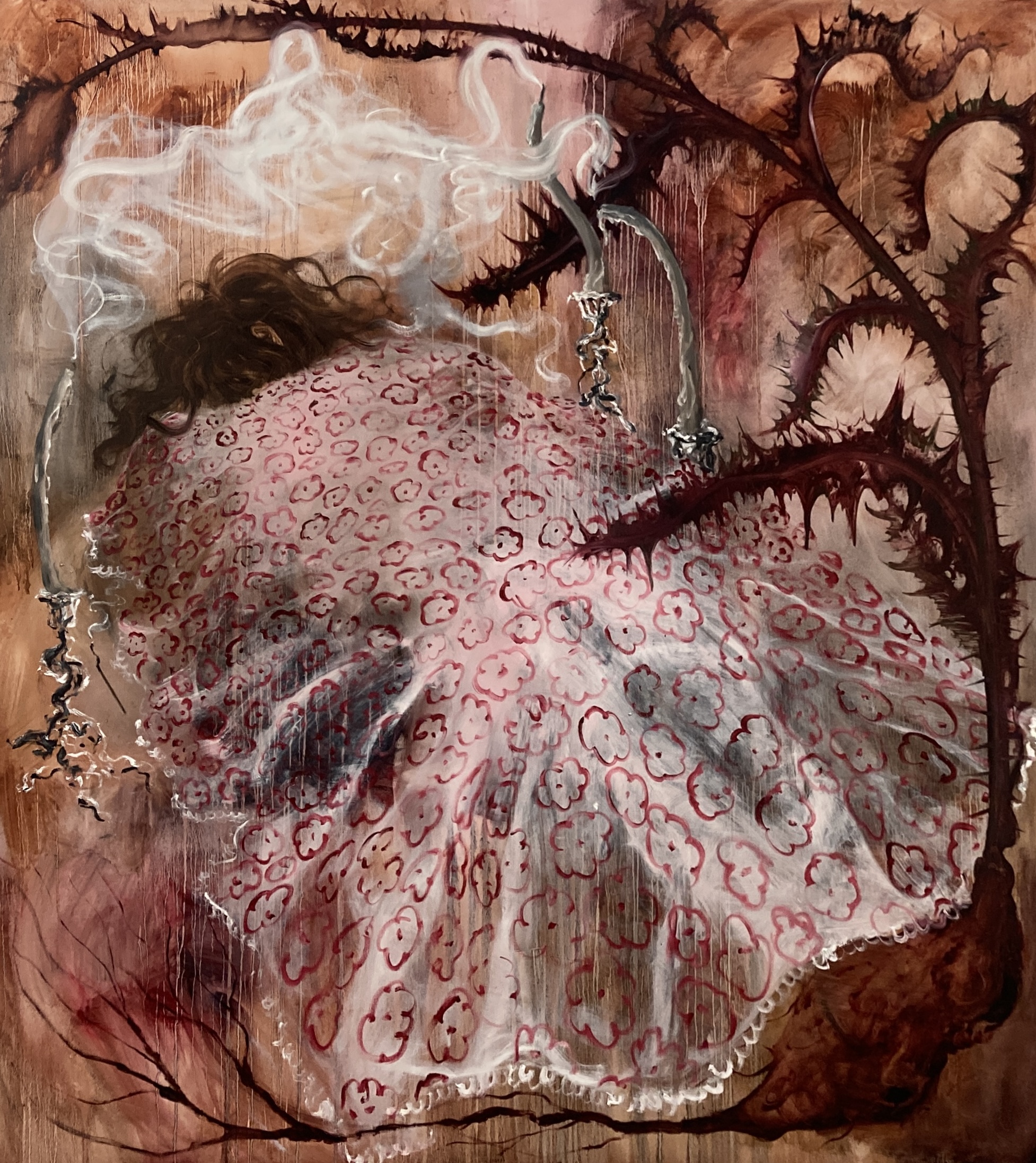 A painting of a woman in a pink dress on a brown background.