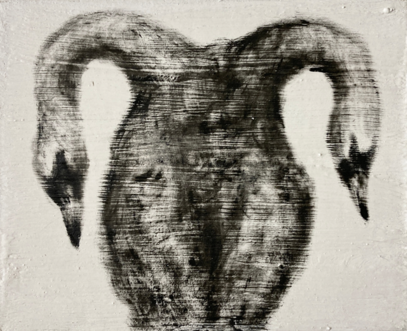 A black and white drawing of a vase on a wall.