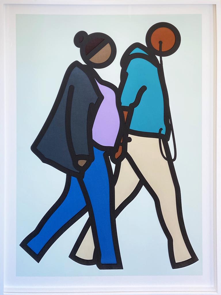 A painting of a man and a woman walking together.