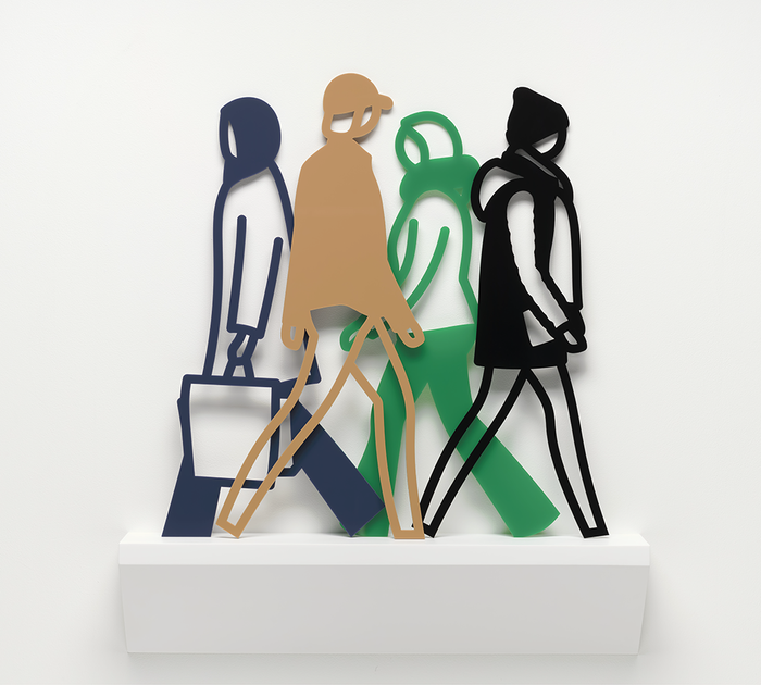 A group of people walking on a white shelf.