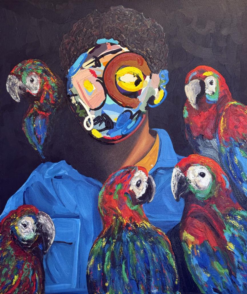 A painting of a man with three parrots on his head.