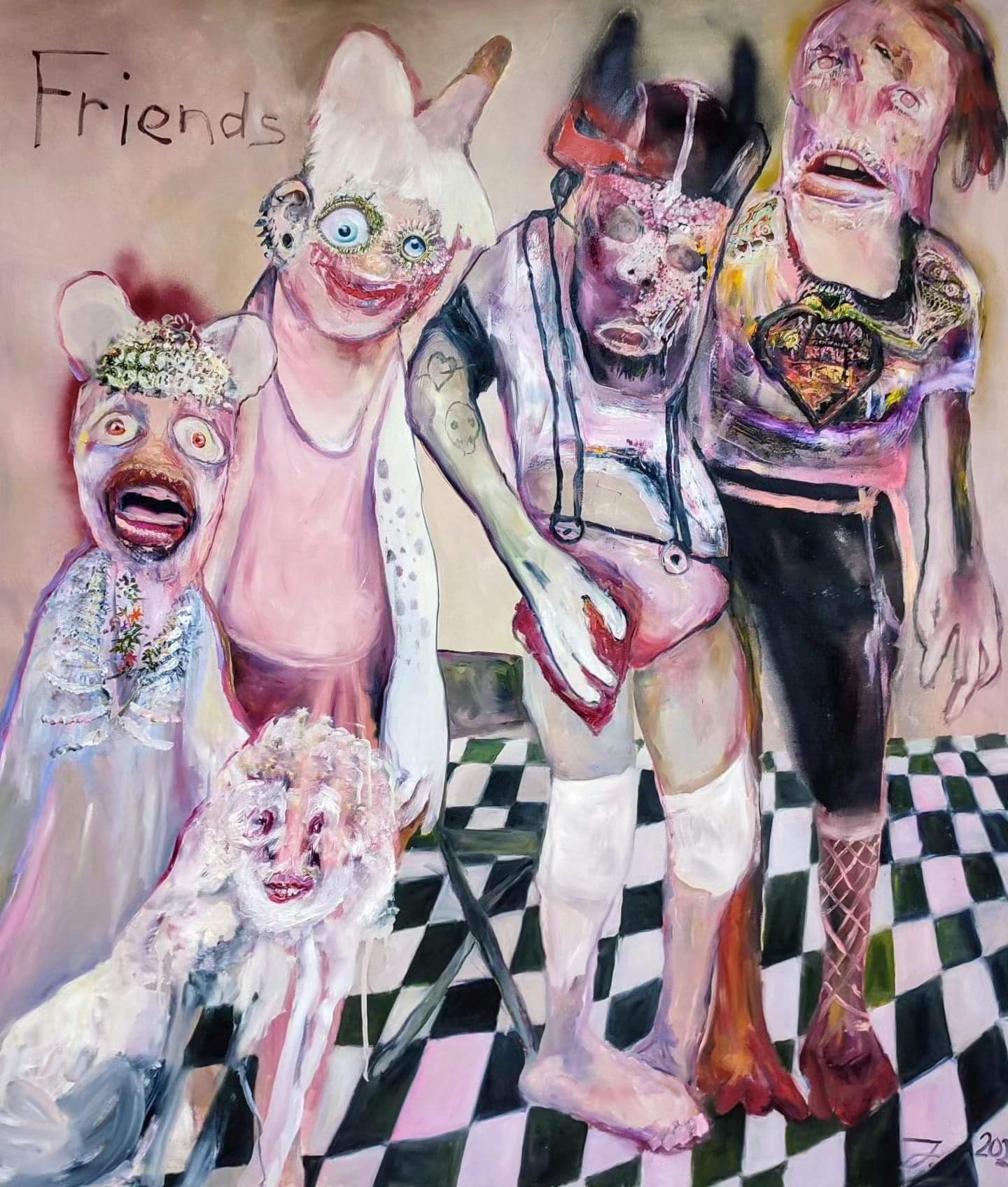 A painting of a group of people and a dog on a checkered floor.