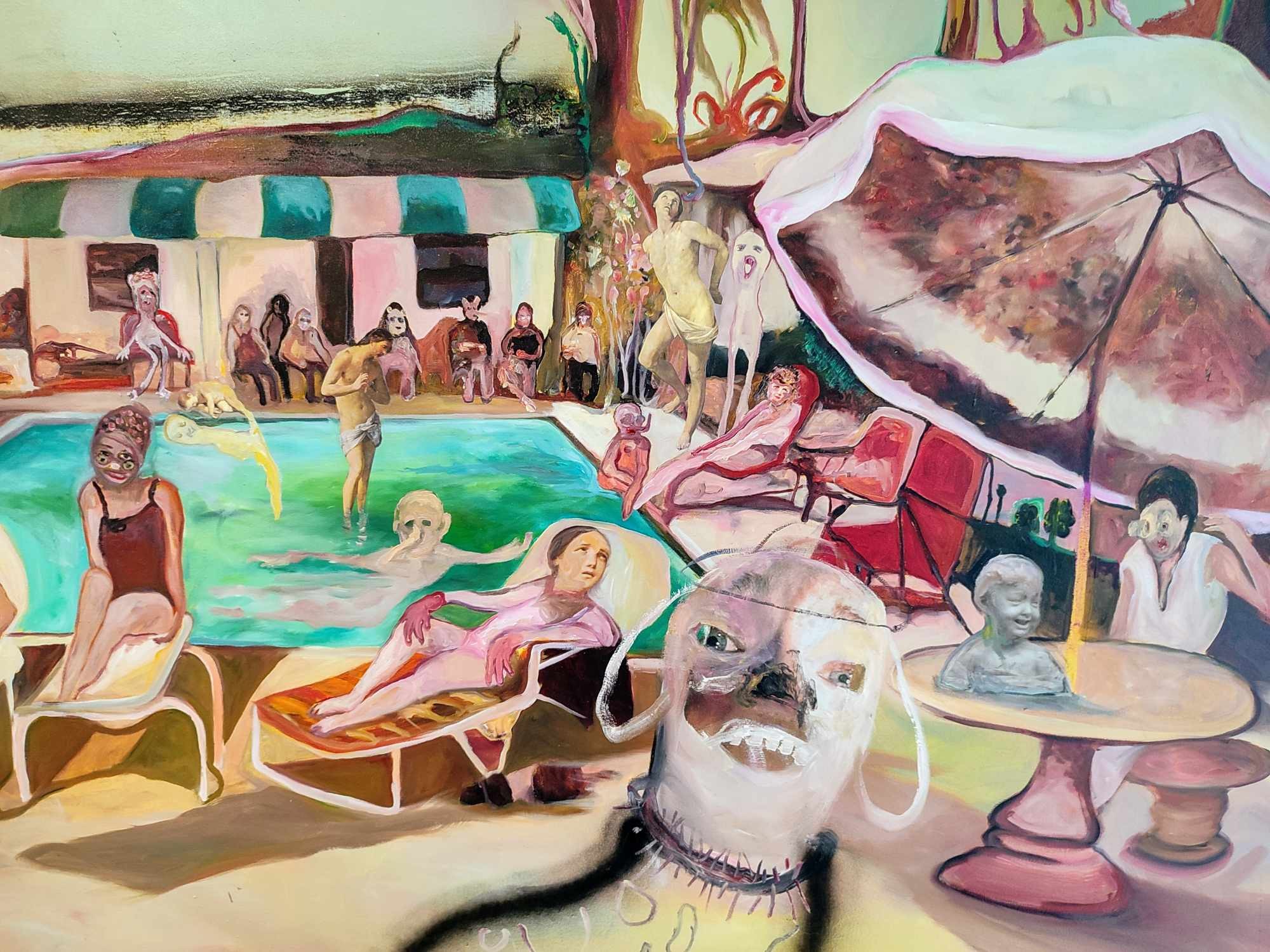 A painting of a group of people at a swimming pool.