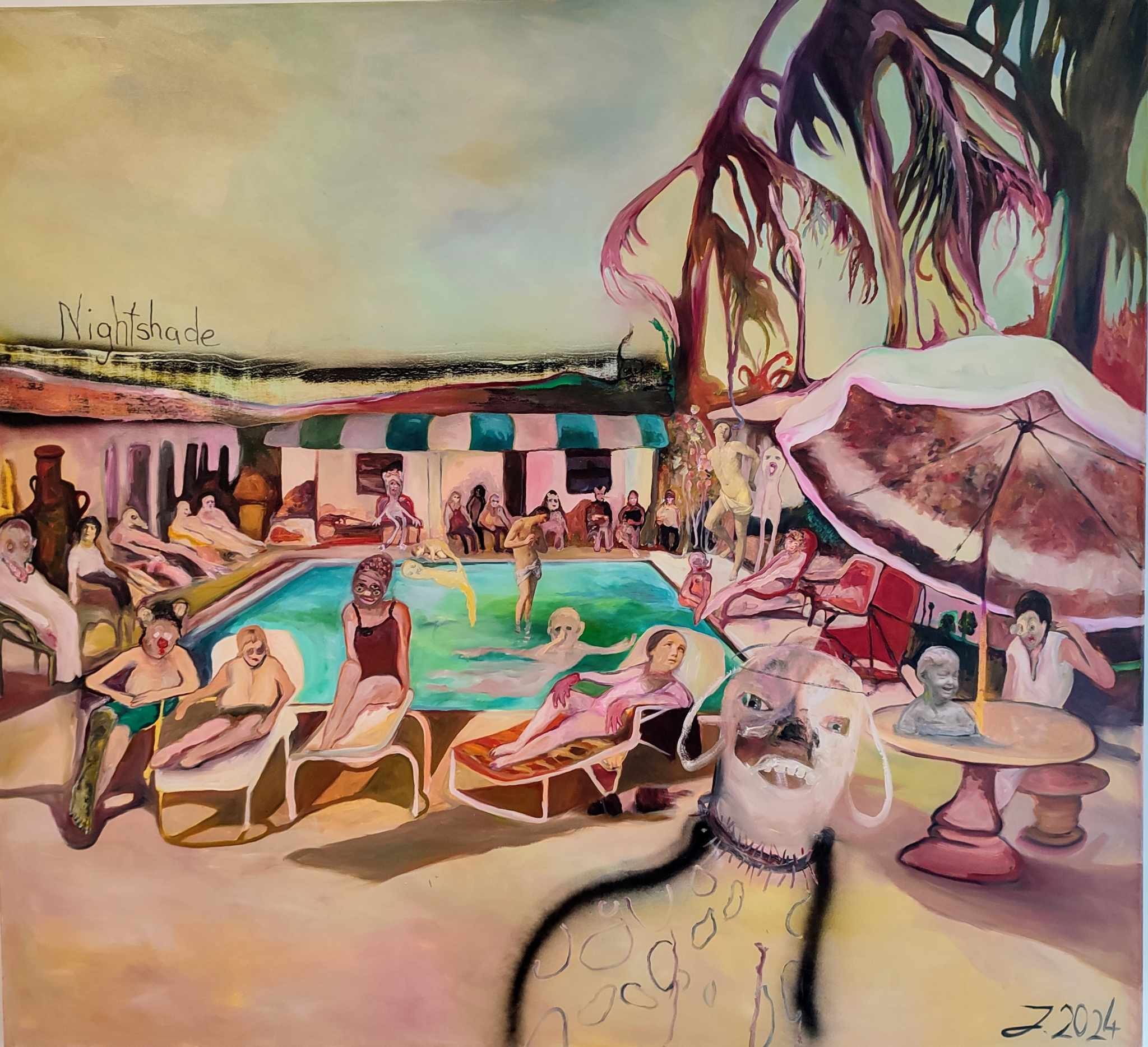 A painting of a group of people at a swimming pool.