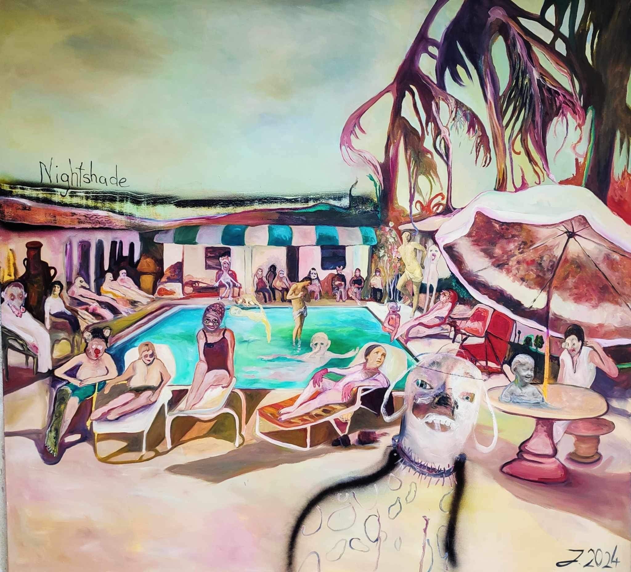A painting of a group of people at a swimming pool.
