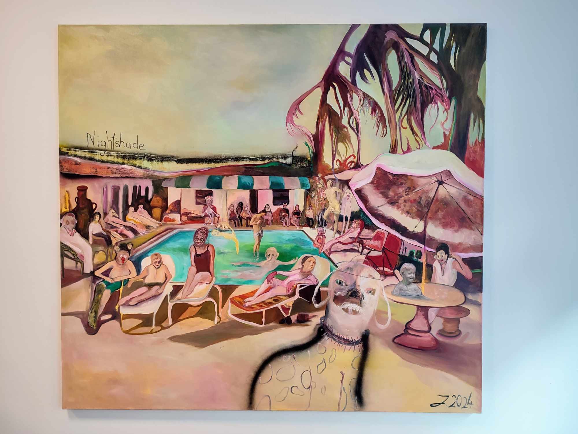 A painting of a group of people at a swimming pool.