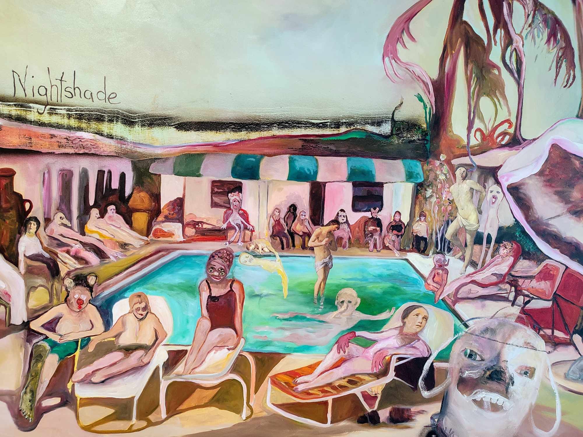A painting of a group of people at a swimming pool.