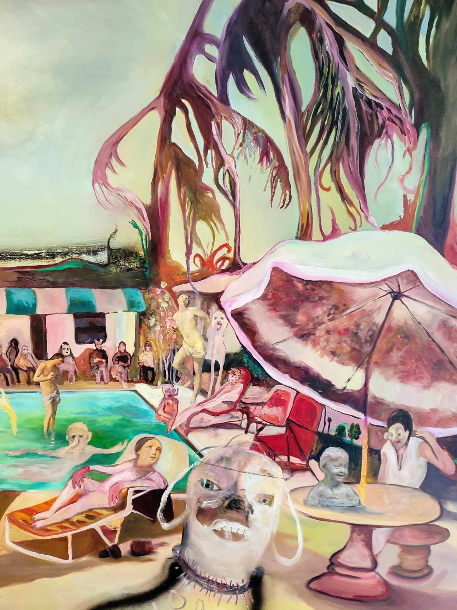 A painting of a group of people at a swimming pool.