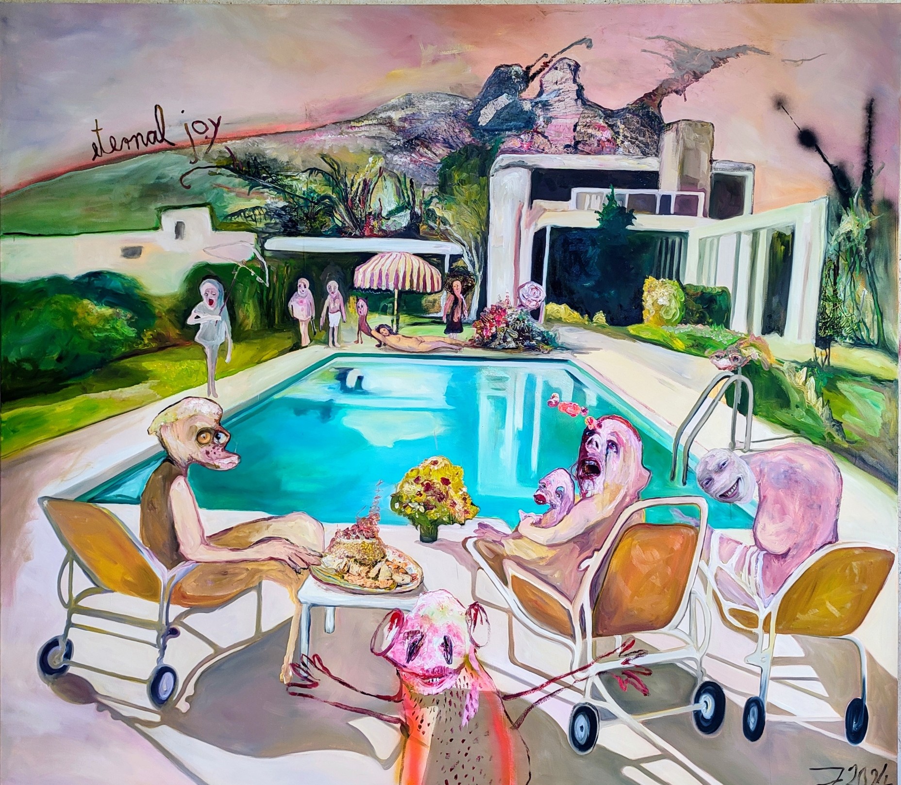 A painting of a group of people sitting around a swimming pool.