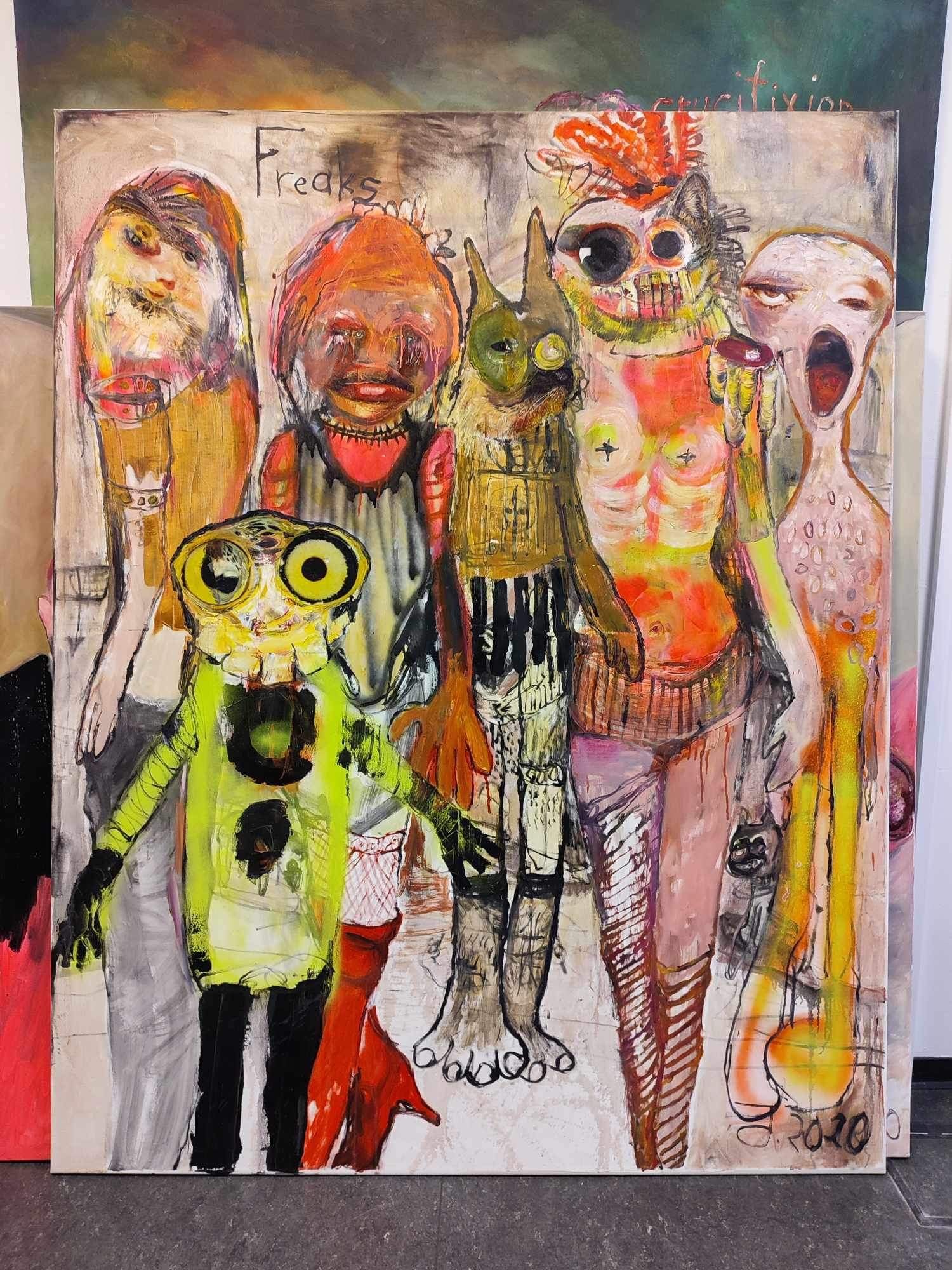 A painting of a group of people standing next to each other.