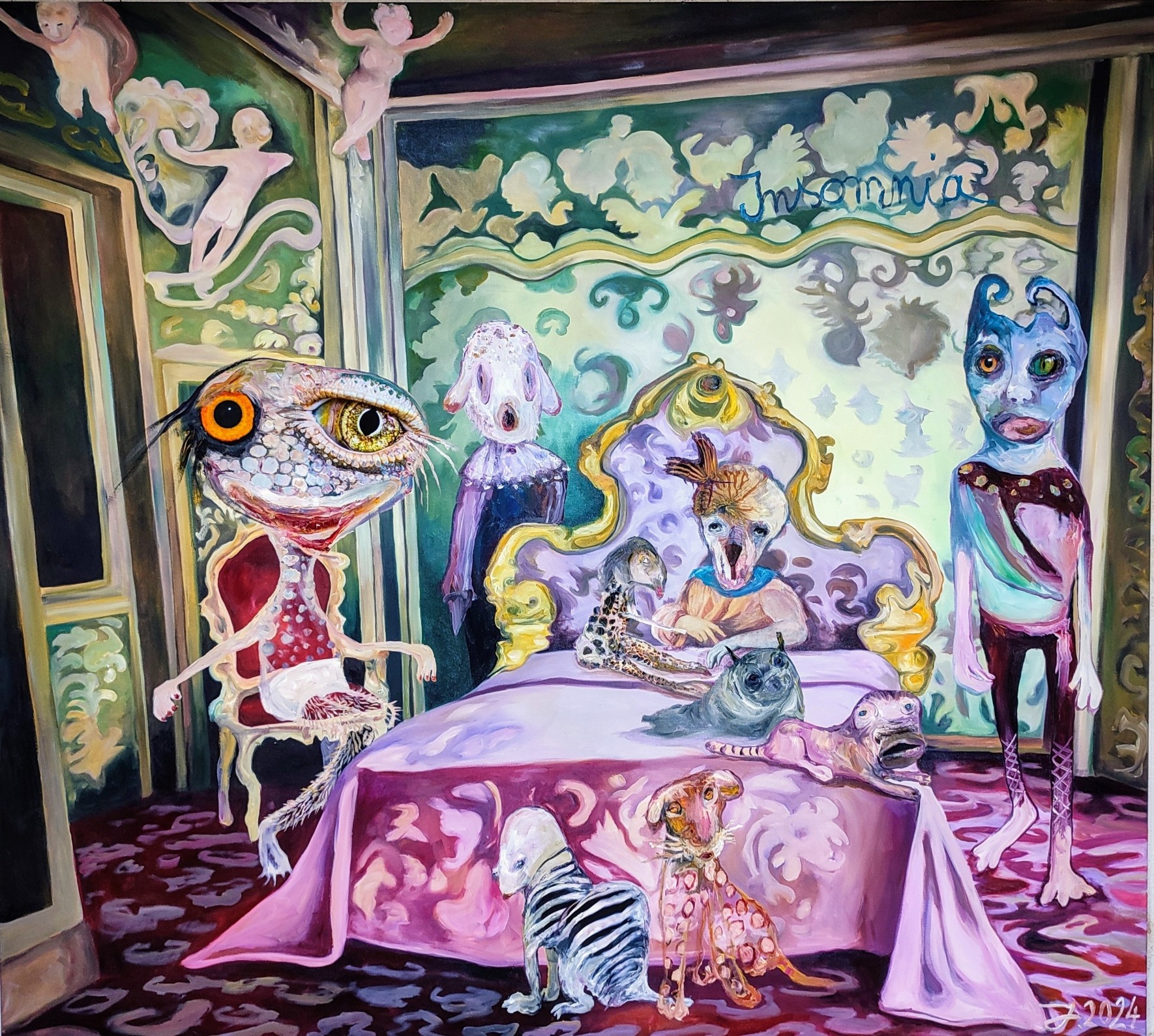 A painting of a room with a bed, a cat, a dog, and other animals.