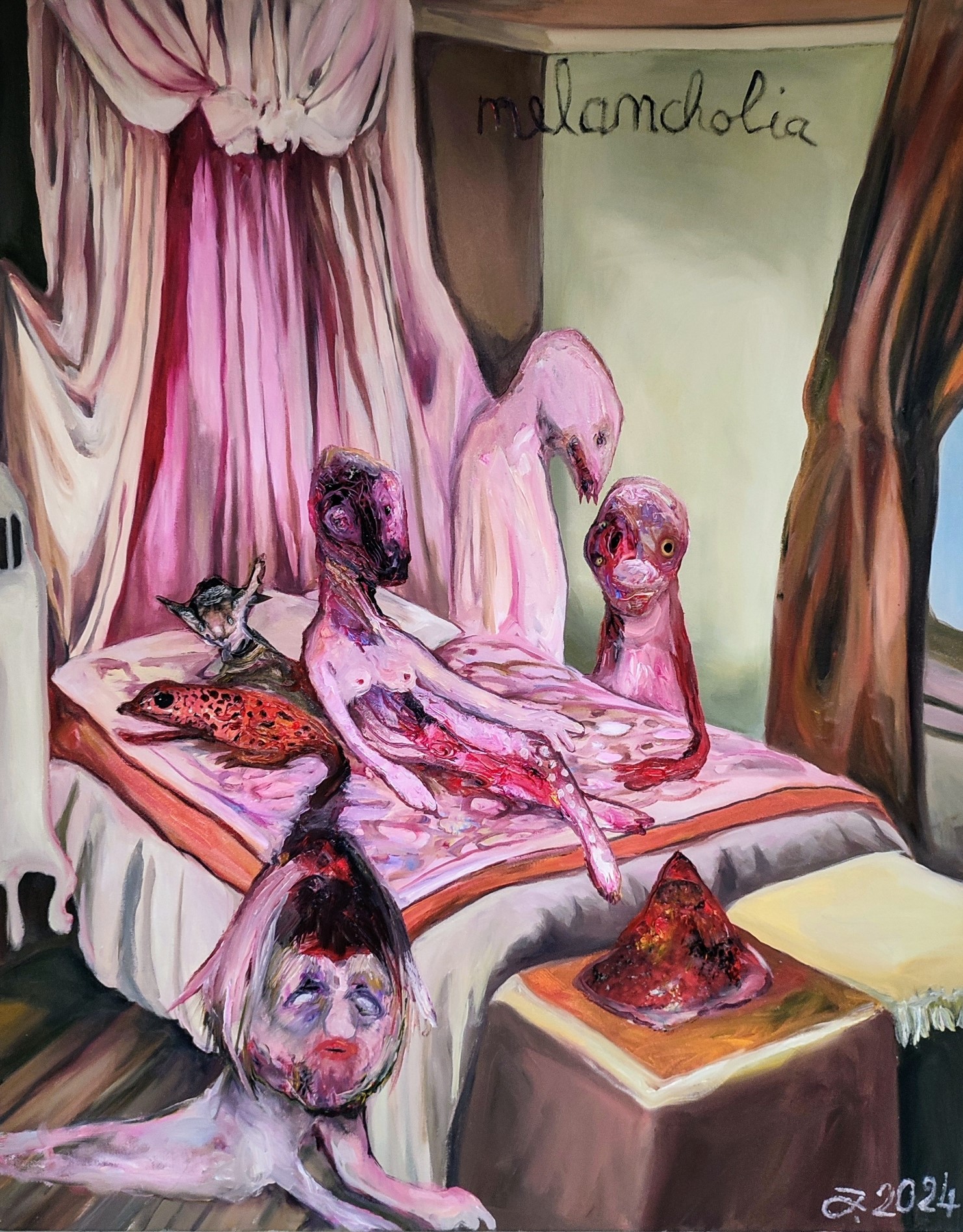 A surreal bedroom scene featuring elongated, pale figures in a dreamlike tableau.
