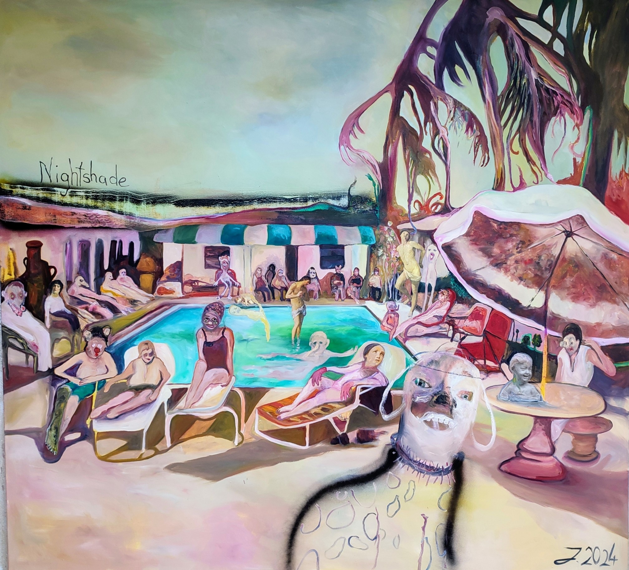 A painting of a group of people by a swimming pool.