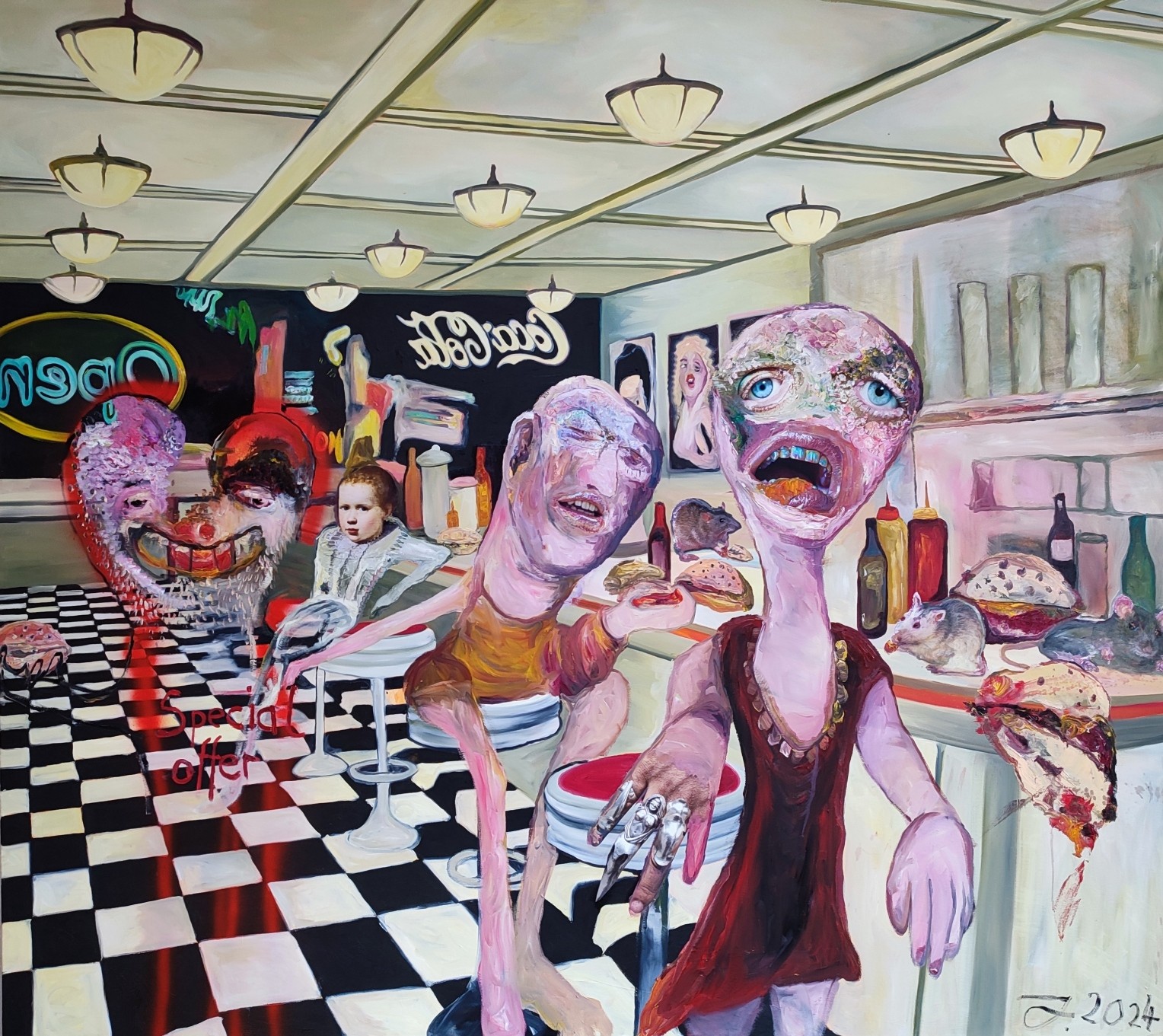 A painting of a group of people in a diner.