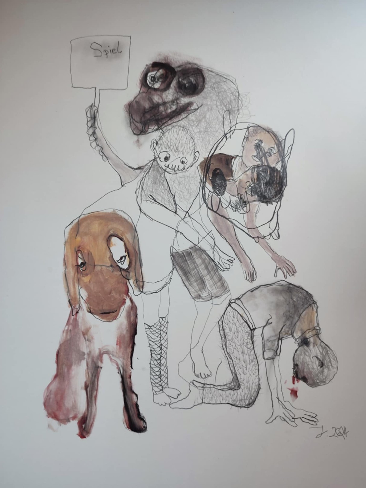 A drawing of a group of people and a dog.
