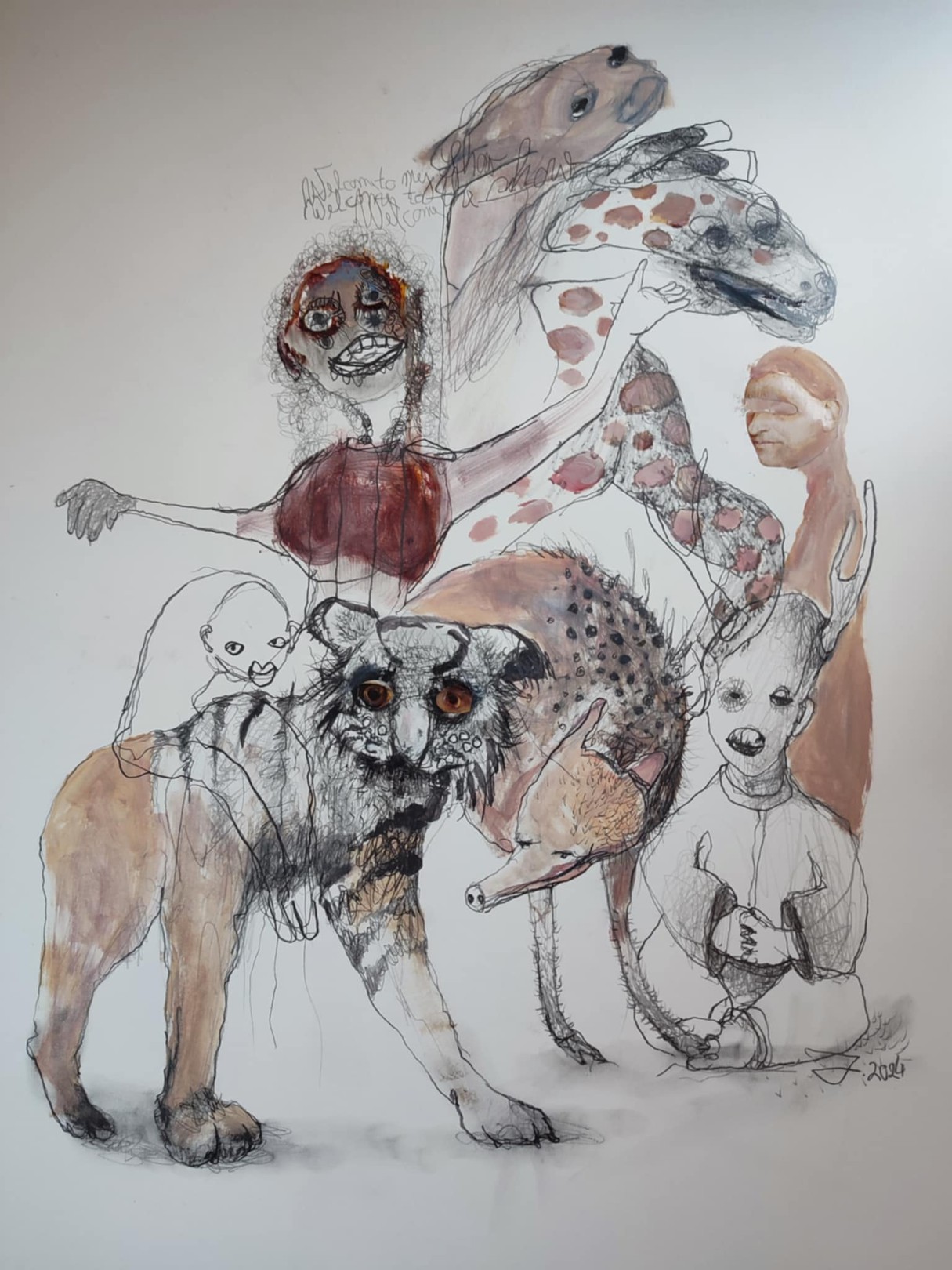 A drawing of a group of animals and a woman.