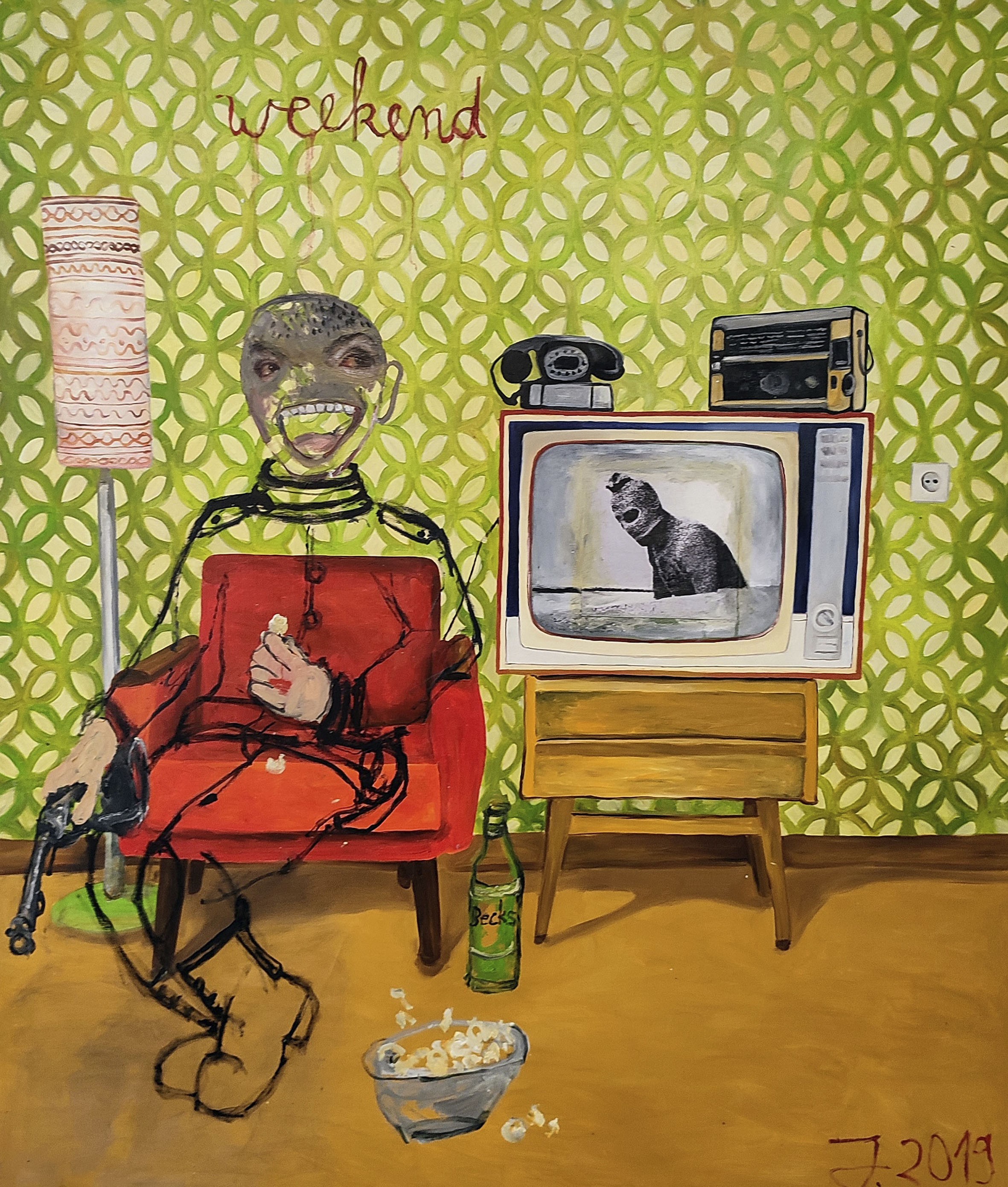 A painting of a man sitting in a red chair in front of a television.