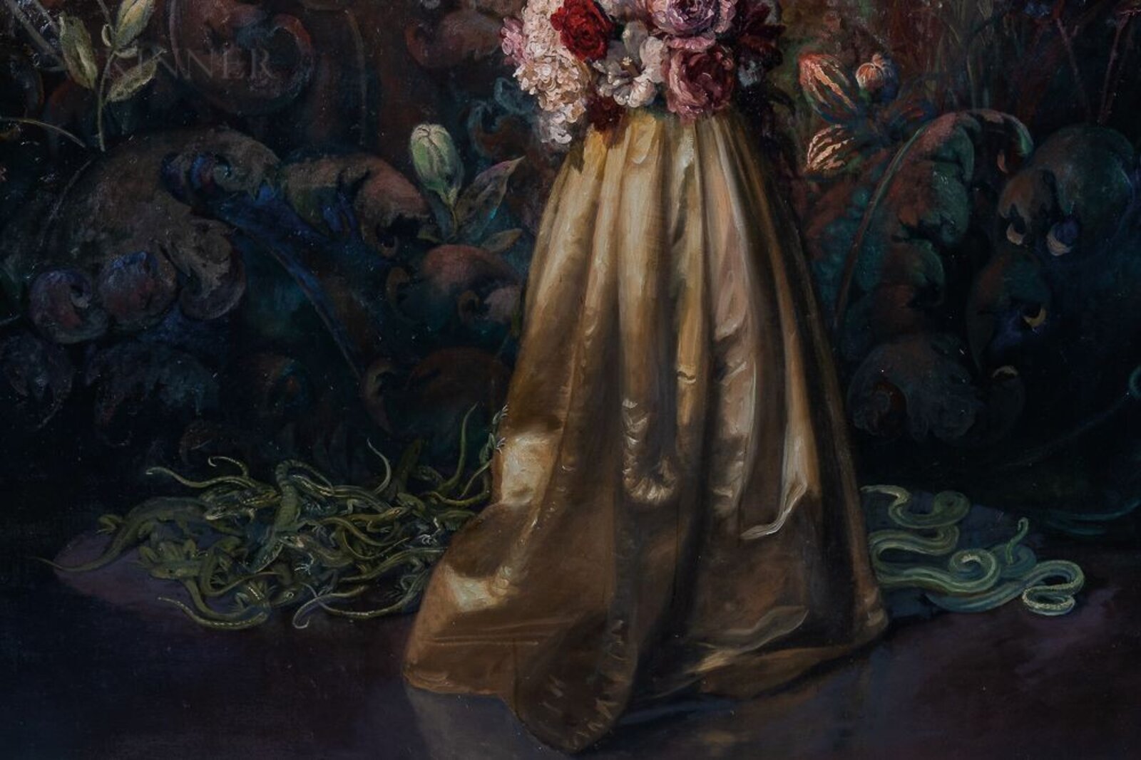 A classical painting depicting a distant battle scene viewed from behind a figure draped in gold fabric.