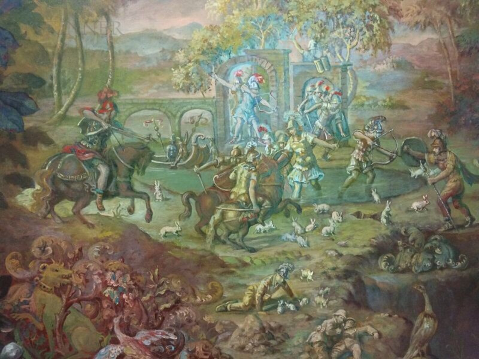 A classical painting depicting a distant battle scene viewed from behind a figure draped in gold fabric.