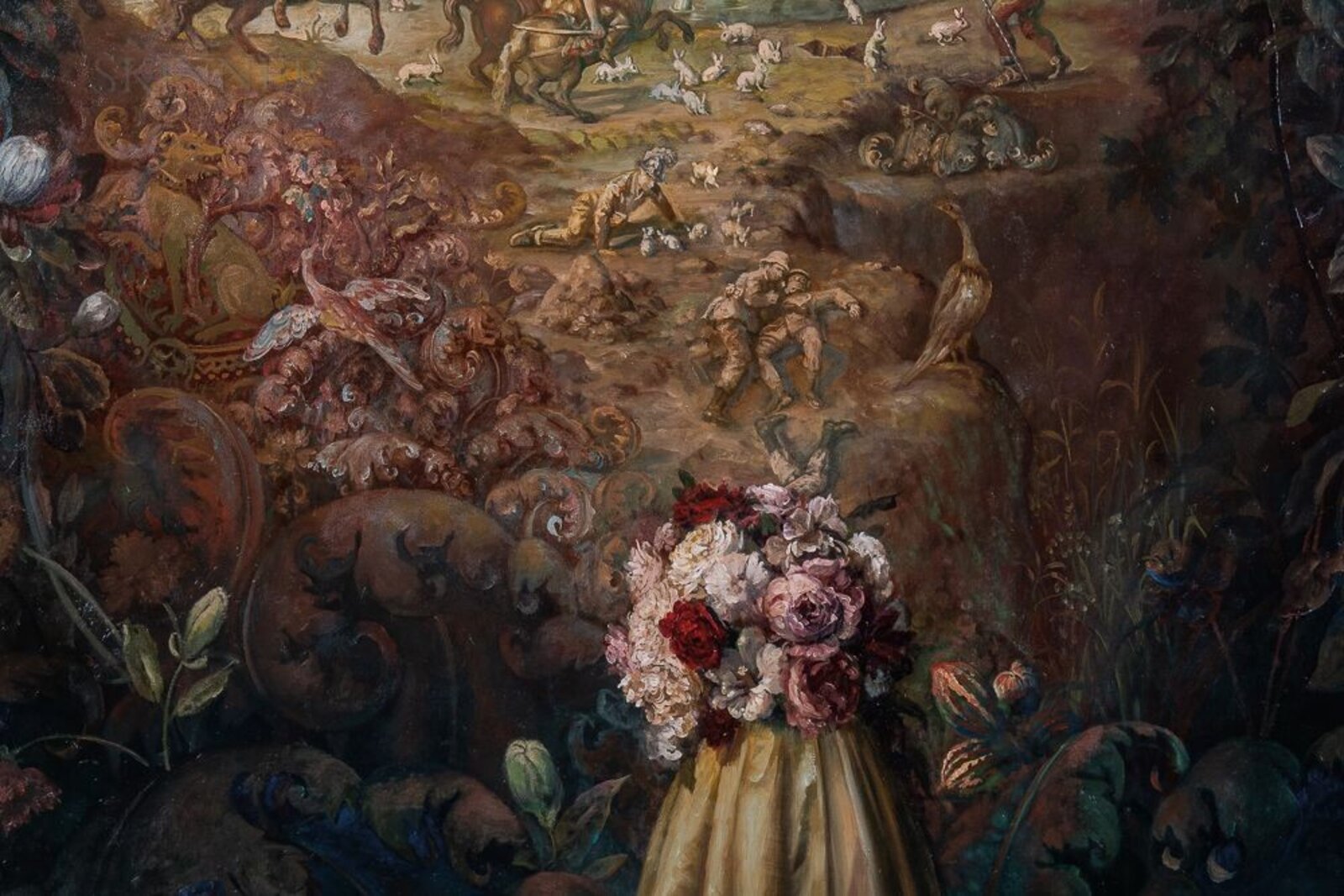 A classical painting depicting a distant battle scene viewed from behind a figure draped in gold fabric.