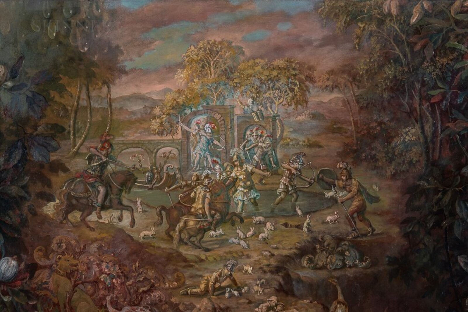 A classical painting depicting a distant battle scene viewed from behind a figure draped in gold fabric.