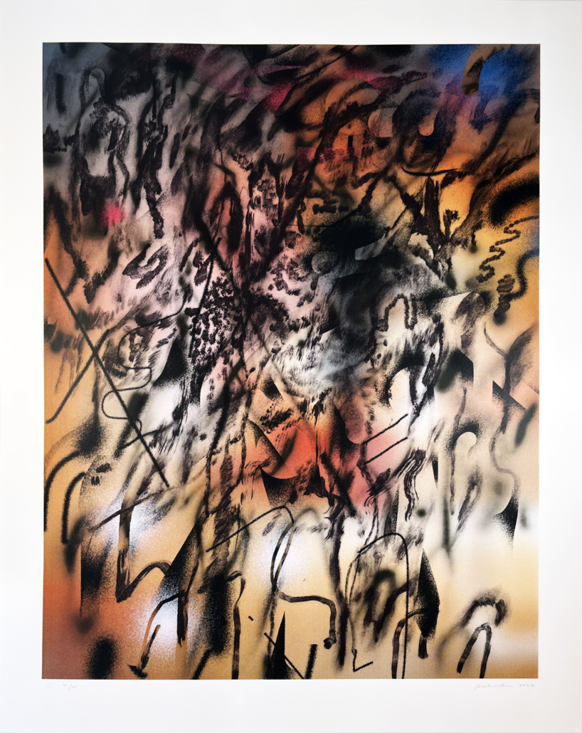 A painting with black and red paint on a white background.