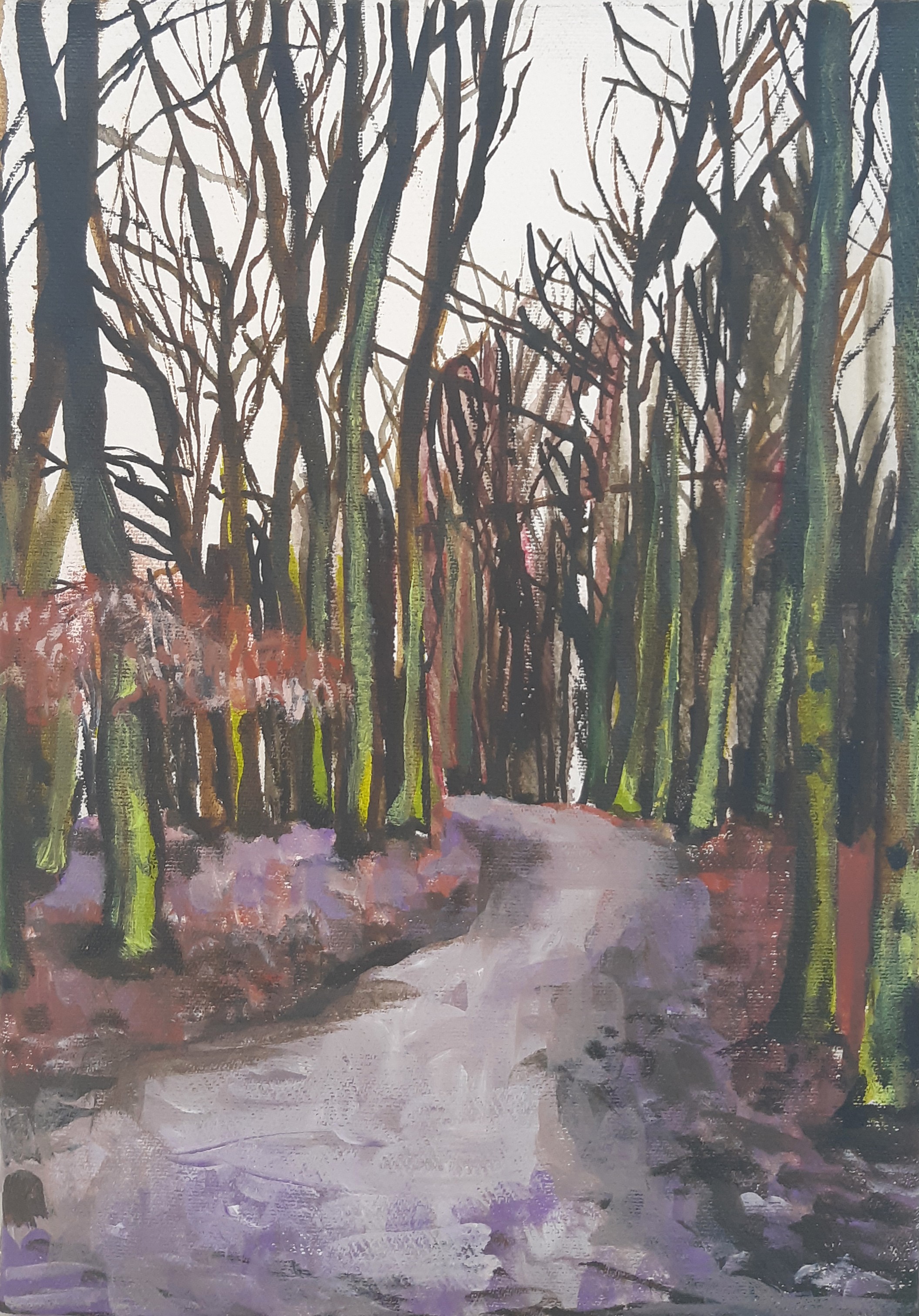 A painting of a dirt road in the woods.