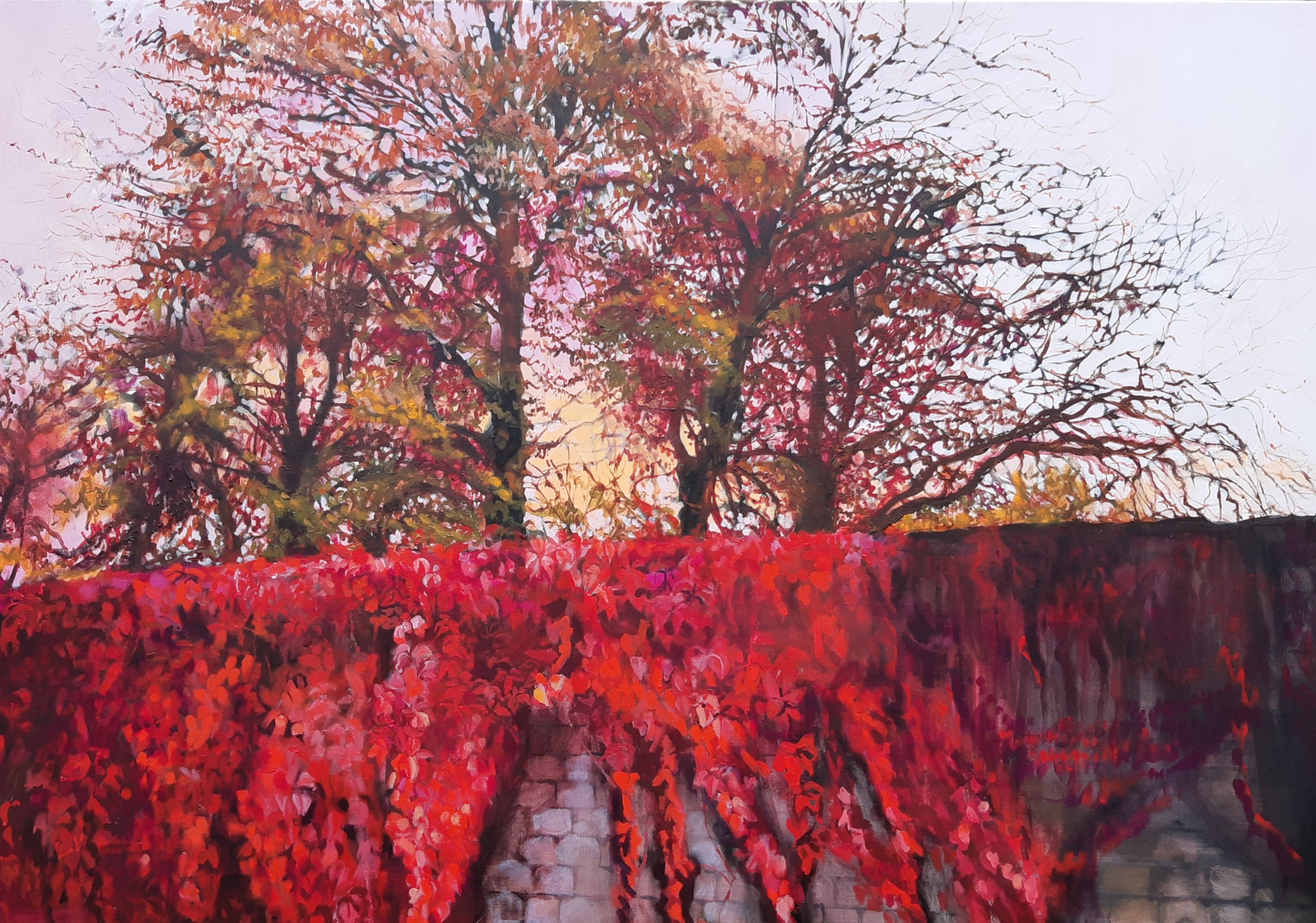 A vivid painting of a stone wall covered in vibrant red foliage under autumn trees.