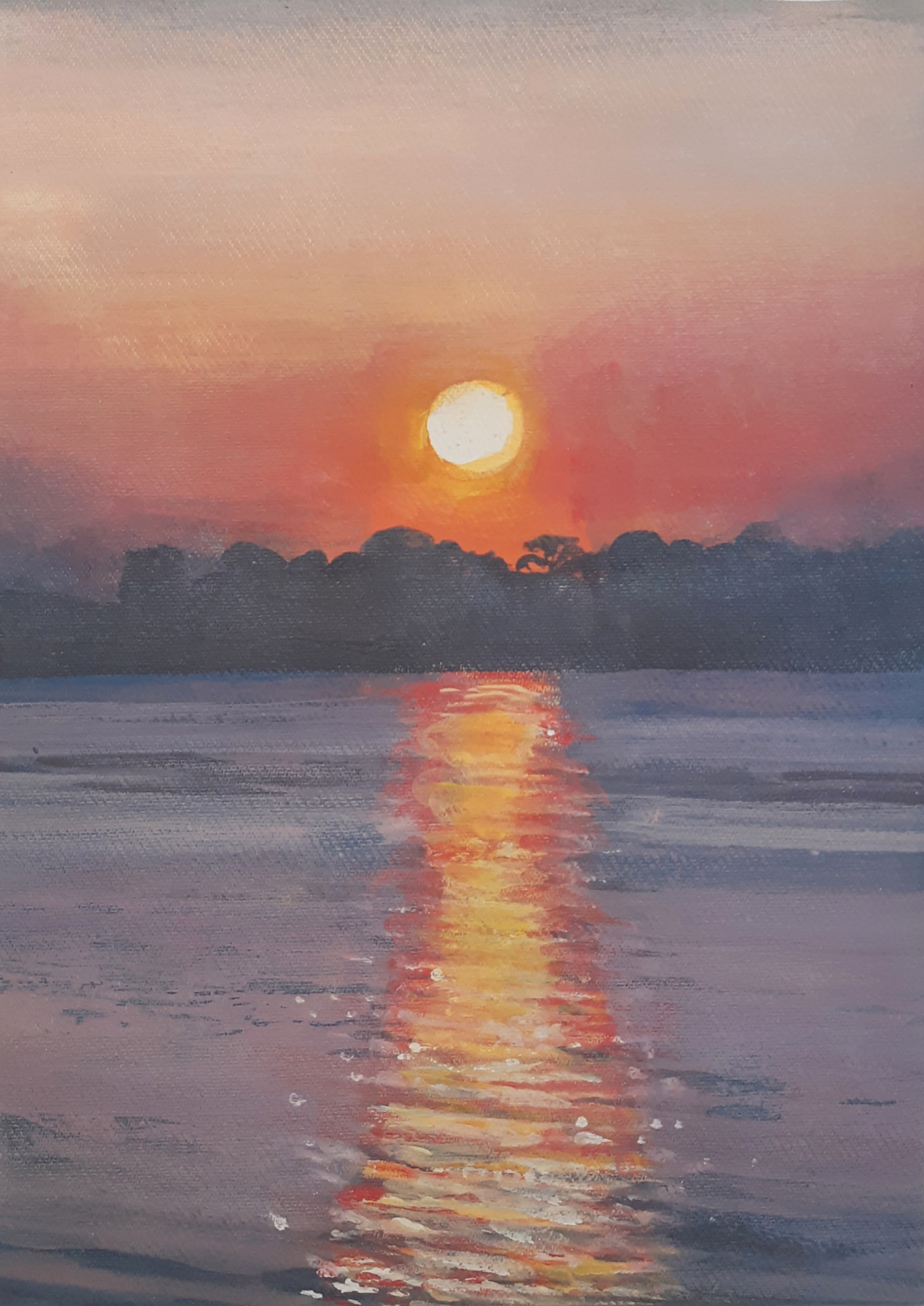 A painting of a sunset over a body of water.