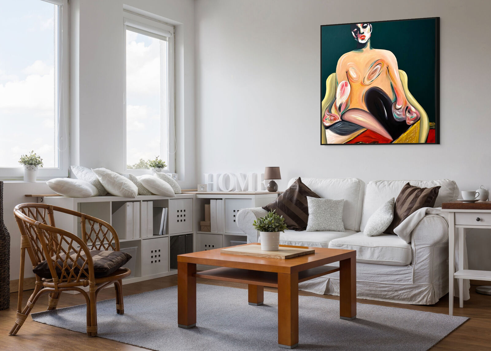 A painting of a nude woman sitting on a chair.