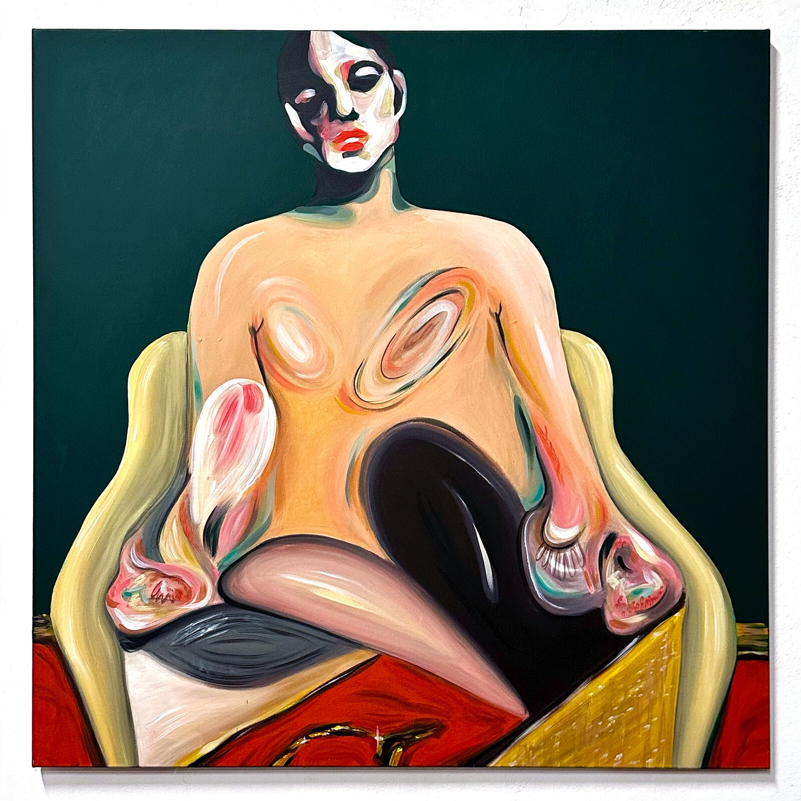 A painting of a nude woman sitting on a chair.