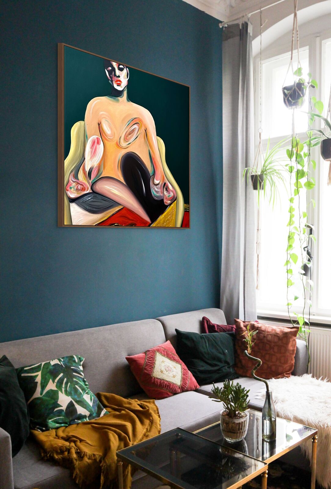 A painting of a nude woman sitting on a chair.